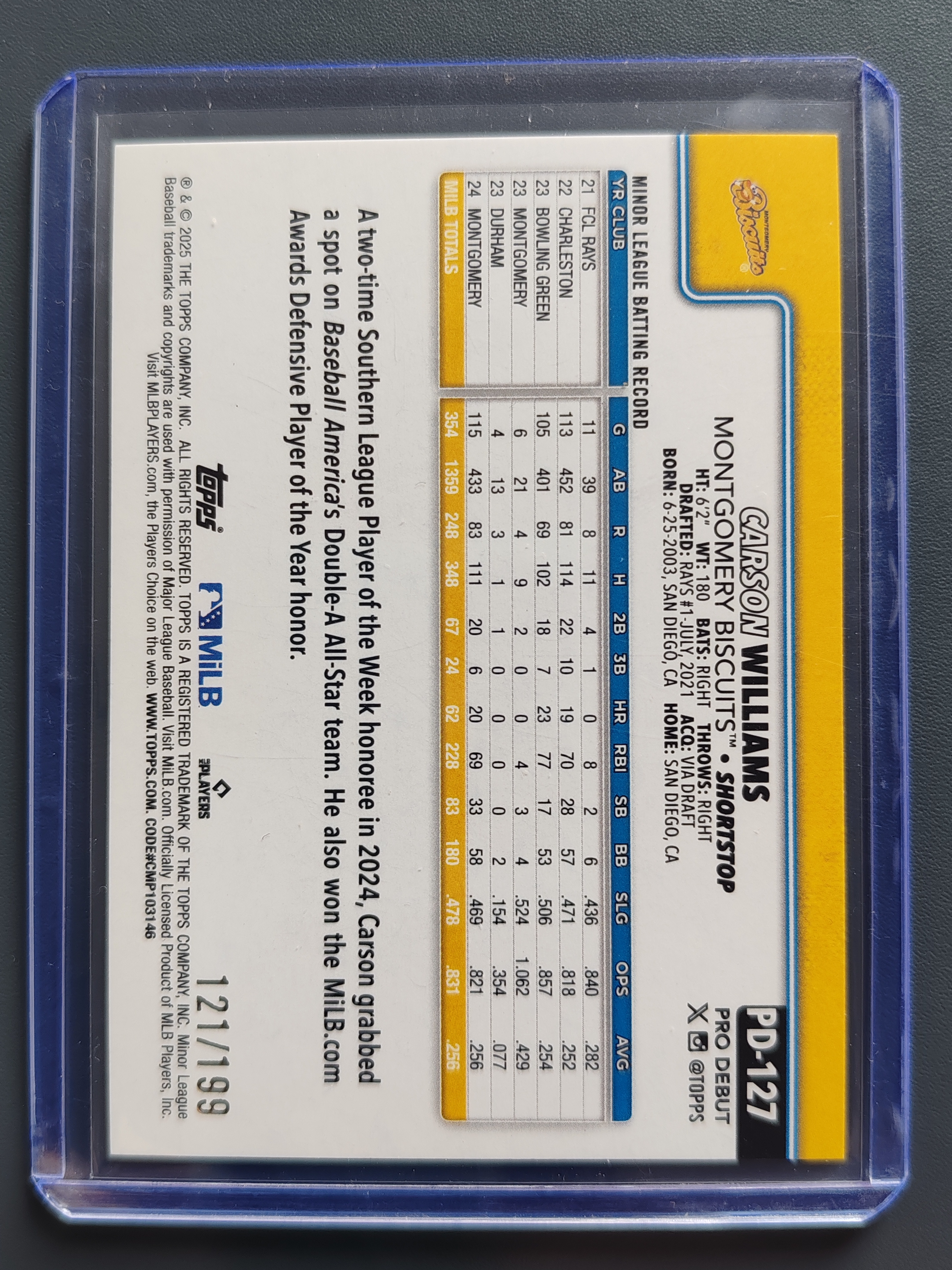 2025 Topps Pro Debut Carson Williams 199编!紫折!【9527】