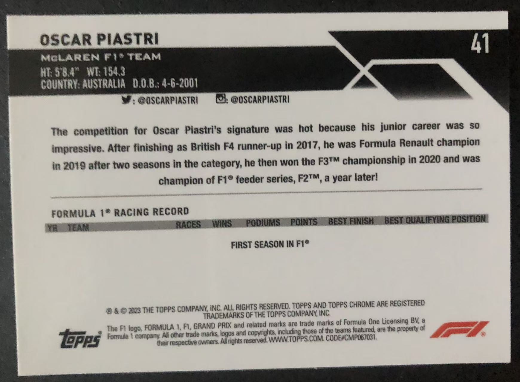 【瞳瞳代卖】2023 Topps Chrome F1 RC Oscar Piastri 奥斯卡 皮亚斯特里 紫绿折 大比例 SP