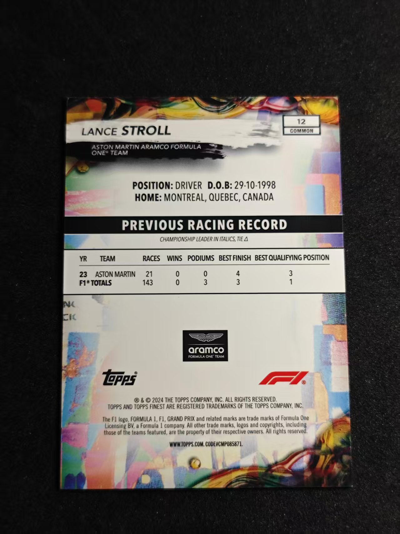2024 Topps Finest Lance Stroll F1 方程式赛车 阿斯顿马丁 金折 14/50编 兰斯 斯托尔 卡品如图