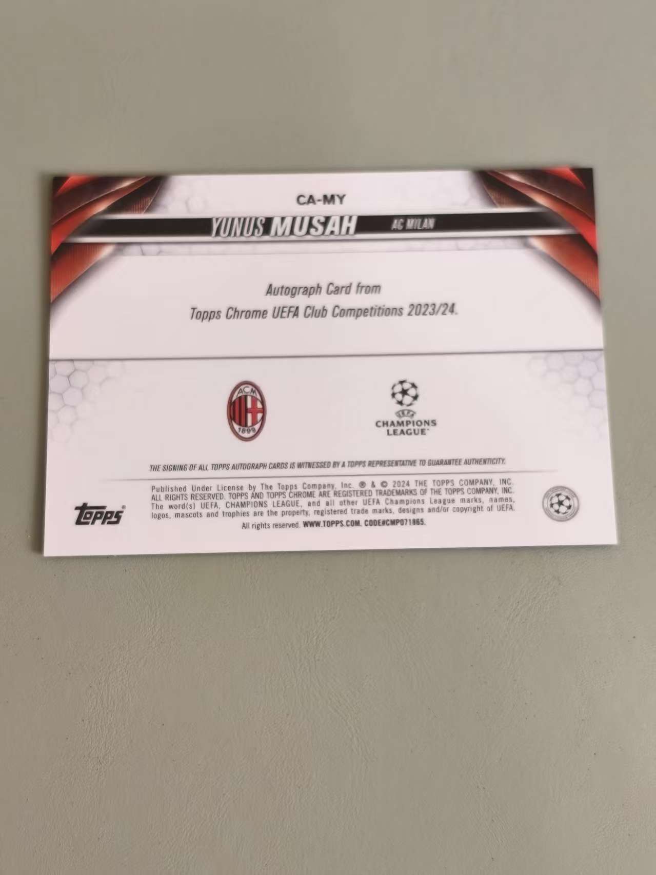 2024 Topps Chrome Yunus Musah 尤努斯 穆萨 签字 银折 欧冠 TC AC米兰 美国 卡品如图 第二张