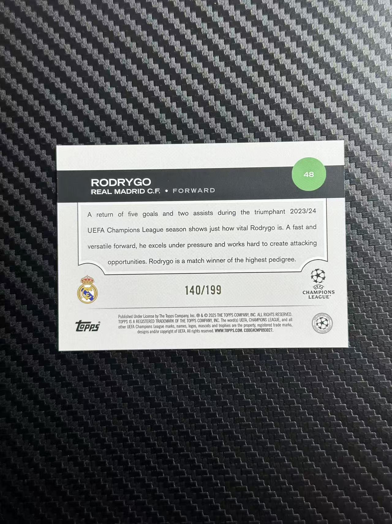 2025 Topps ucc Rodrygo 罗德里戈 巴西 皇家马德里 皇马 欧冠 140/199编 绿折 折射 卡品如图 拍前看描述