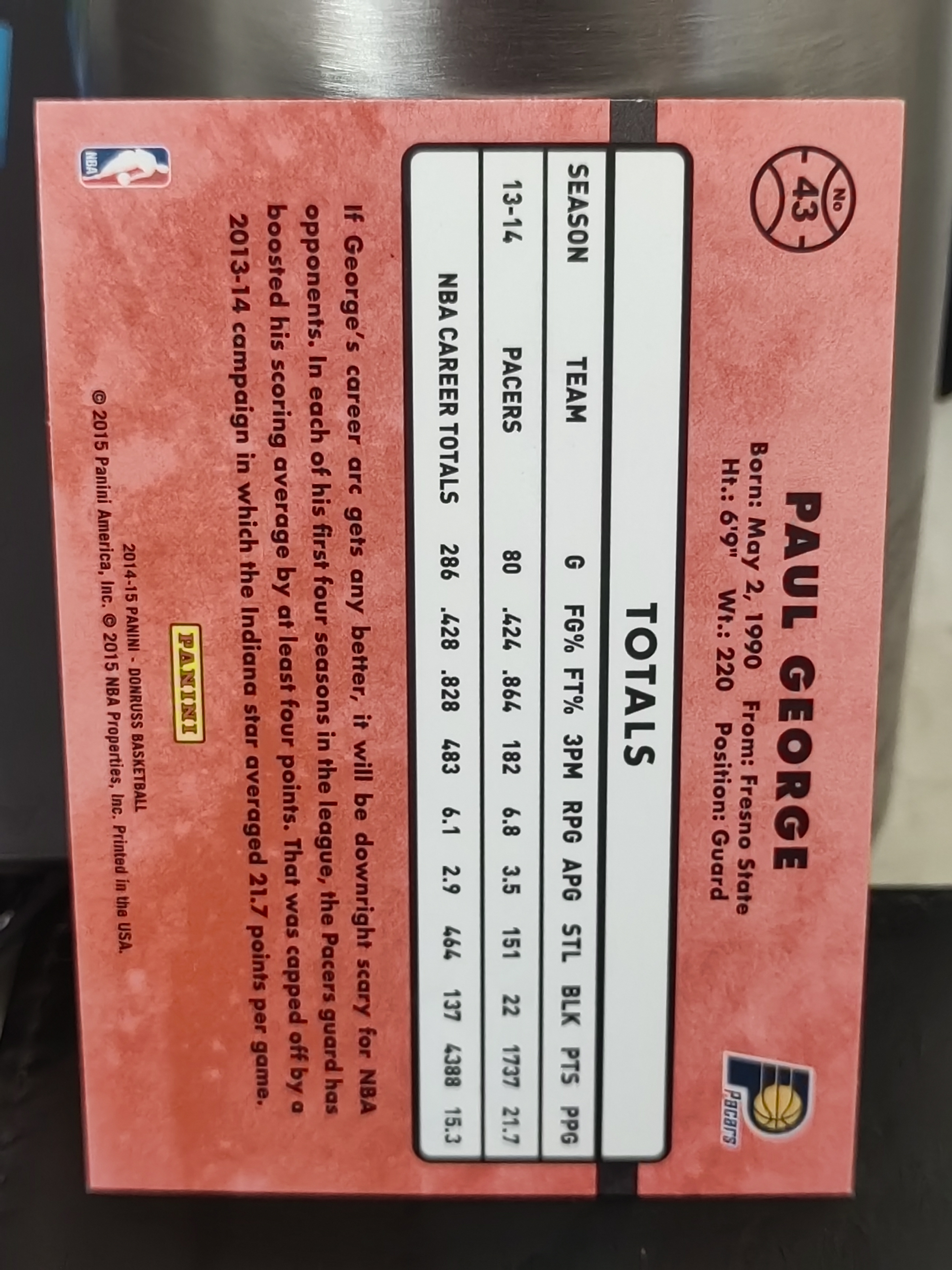 2014-15 Panini Donruss Paul George 杜蕾斯 保罗乔治 步行者 篮 白边白角 不保卡品 卡品如图