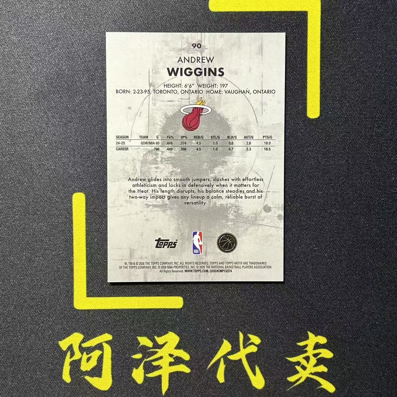 【阿泽代卖】2025-26 Topps Motif Andrew Wiggins 热火 安德鲁 维金斯 嘴哥 03/25编 橙平行 Base 减法同背 选图巨帅 细节如图-李哥