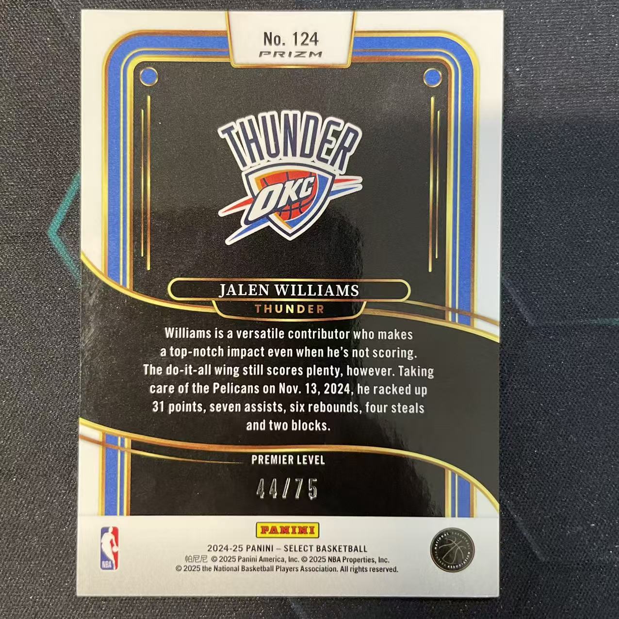 2024-25 Panini Select Jalen Williams 【阿福代卖】杰伦 威廉姆斯 雷霆 蓝波纹折 75编 收藏必备(行行行A)
