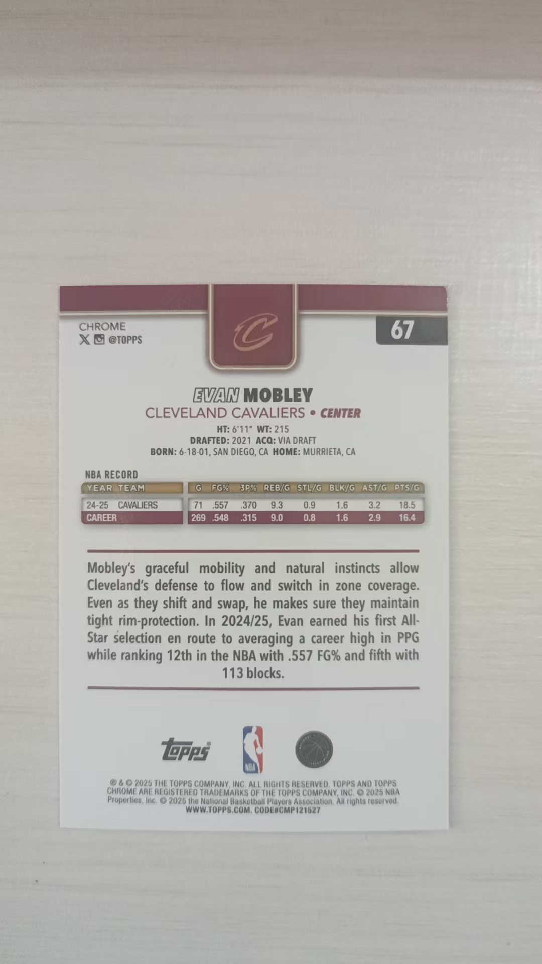 2025 Topps Topps Evan Mobley #82 埃文 莫布利 骑士 折射 三色折