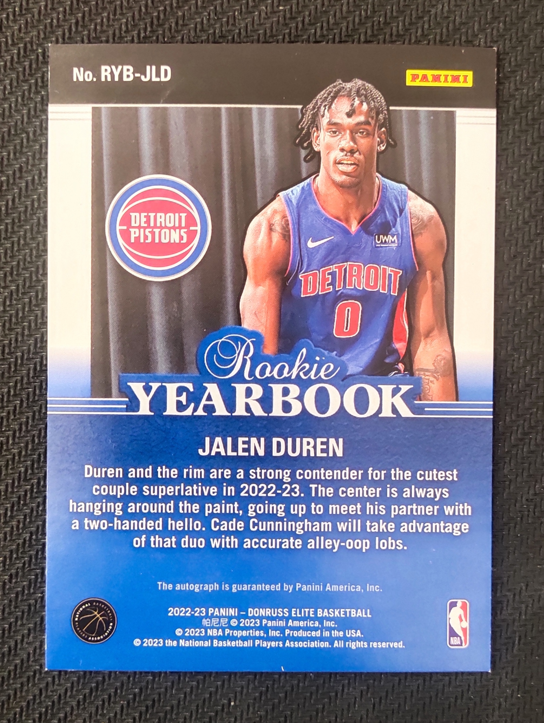 2022-23 Panini Elite Jalen Duren RC 杰伦 杜伦 活塞 新秀 精英 签字 贴签 瑕疵如图