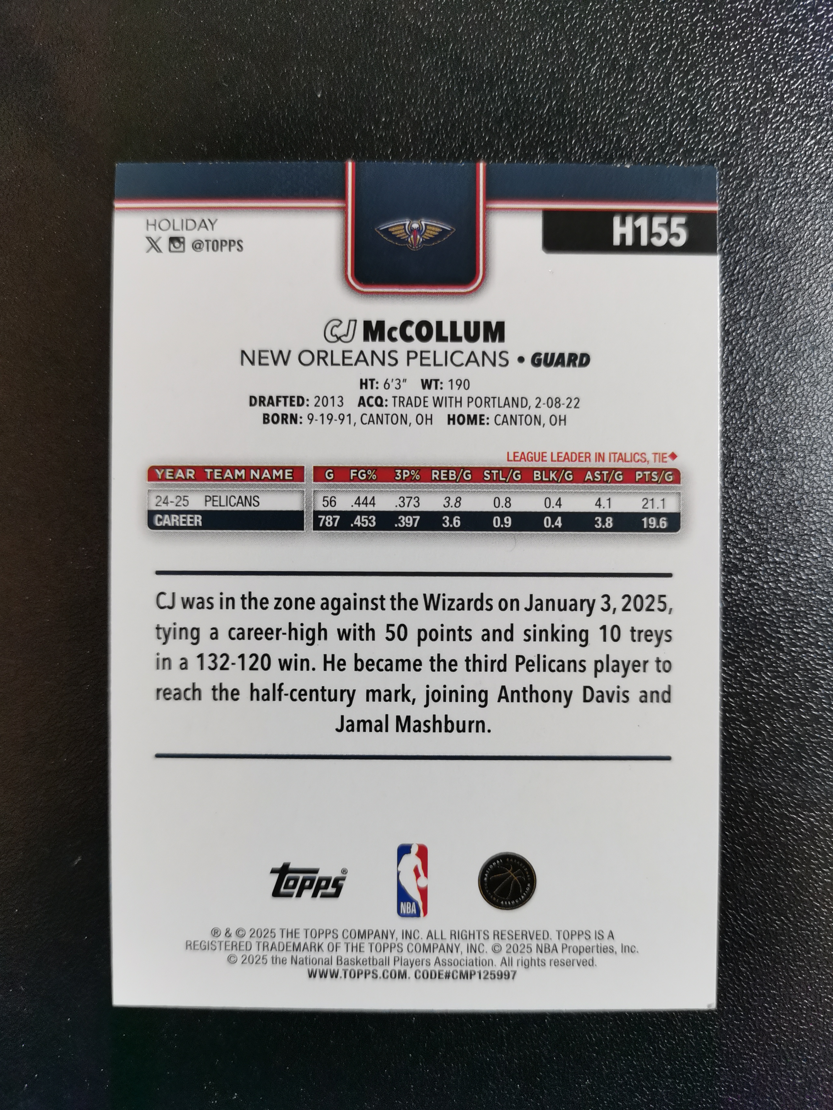 2025 Topps Holiday CJ McCollum CJ麦科勒姆 鹈鹕 折射 收藏凑套 卡品如图 免费代拍(XS003)