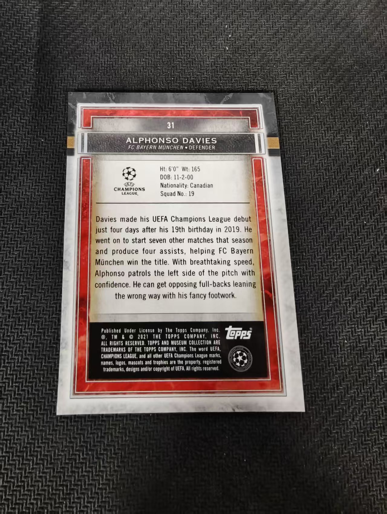 【可合并,不累计】2021-22 Topps Museum Alphonso Davies 阿方索 戴维斯 阿芳 拜仁慕尼黑 加拿大 欧冠 博物馆 边角瑕疵