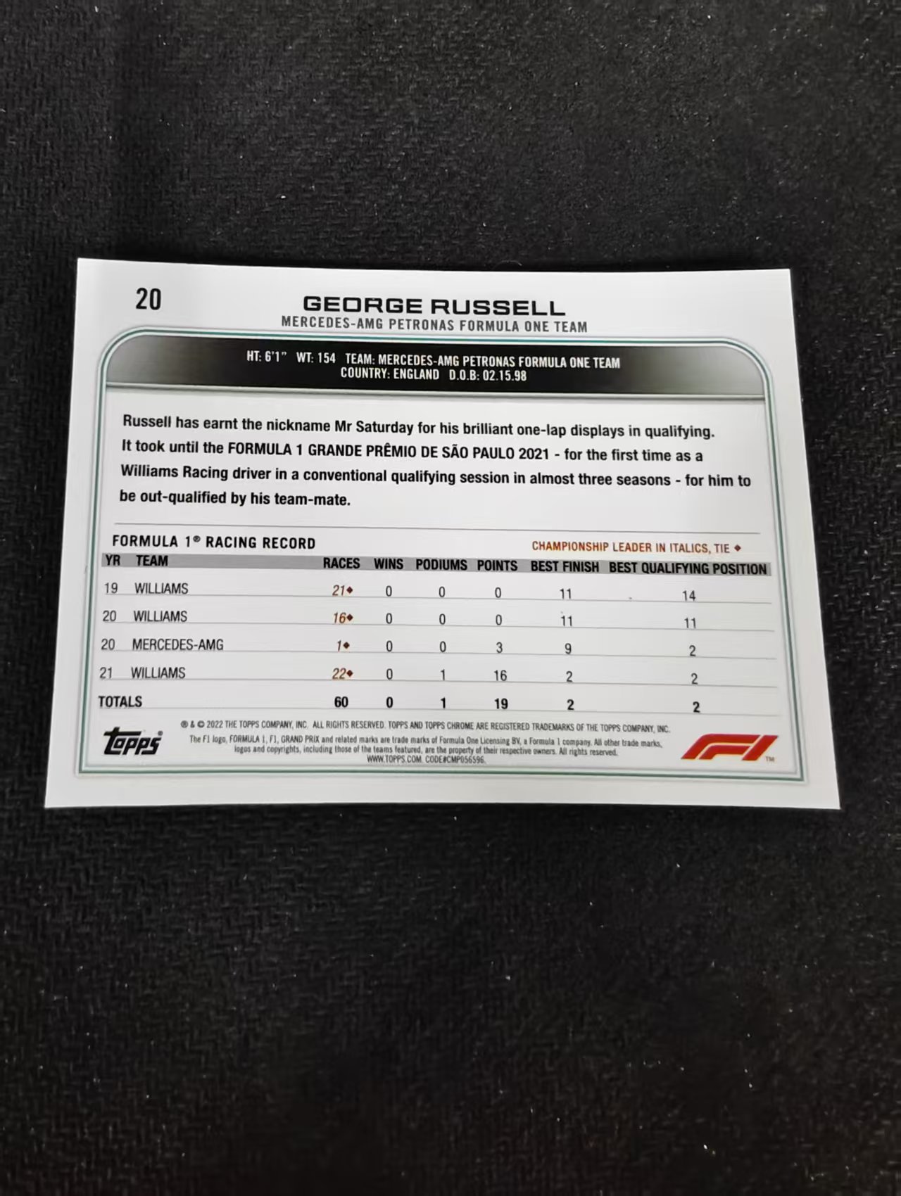 2022 Topps Chrome F1 George Russell 乔治 拉塞尔 梅奔 划痕 边角瑕疵#20