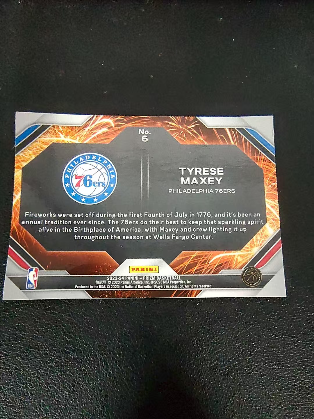 【可合并,不累计】2023-24 Panini Prizm Tyrese Maxey 泰雷塞 马克西 76人 烟花特卡 PZ 划痕 边角微瑕 介意勿拍 #6