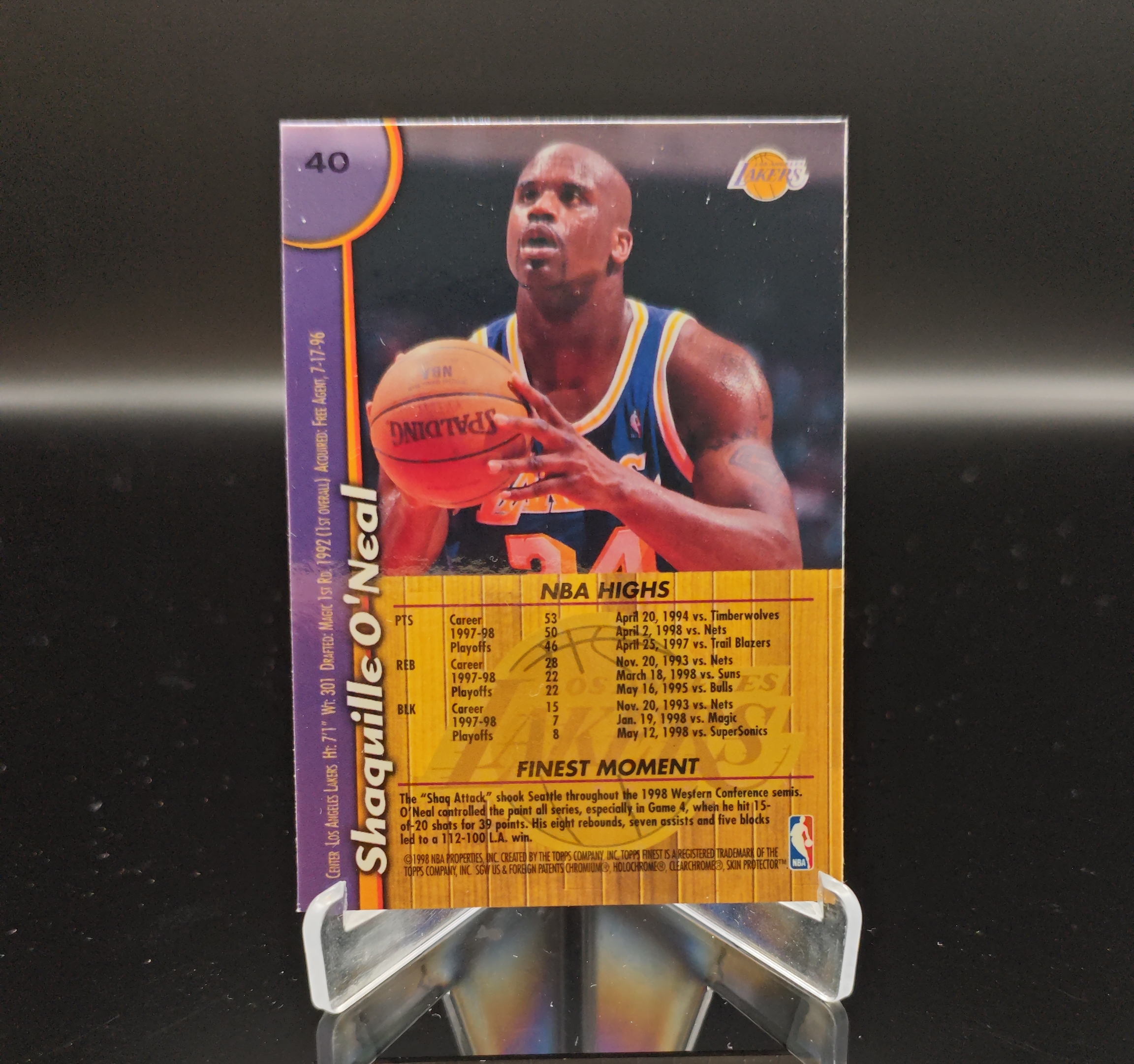 1998 Topps Finest Shaquille Oneal #40 沙奎尔 奥尼尔 鲨鱼 SHAQ 洛杉矶湖人 卡品如图