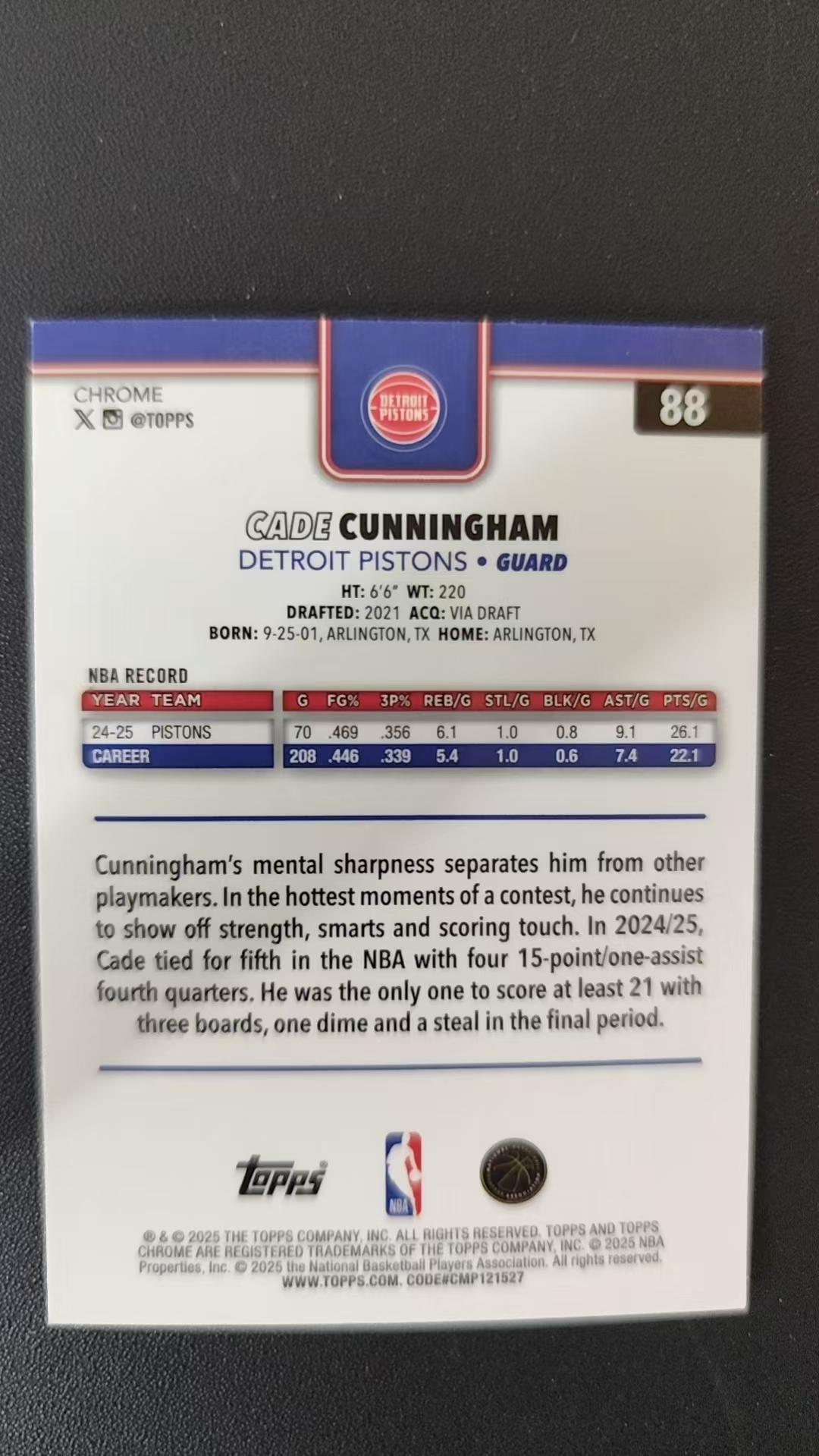 2025 Topps Chrome Cade Cunningham #88 B12