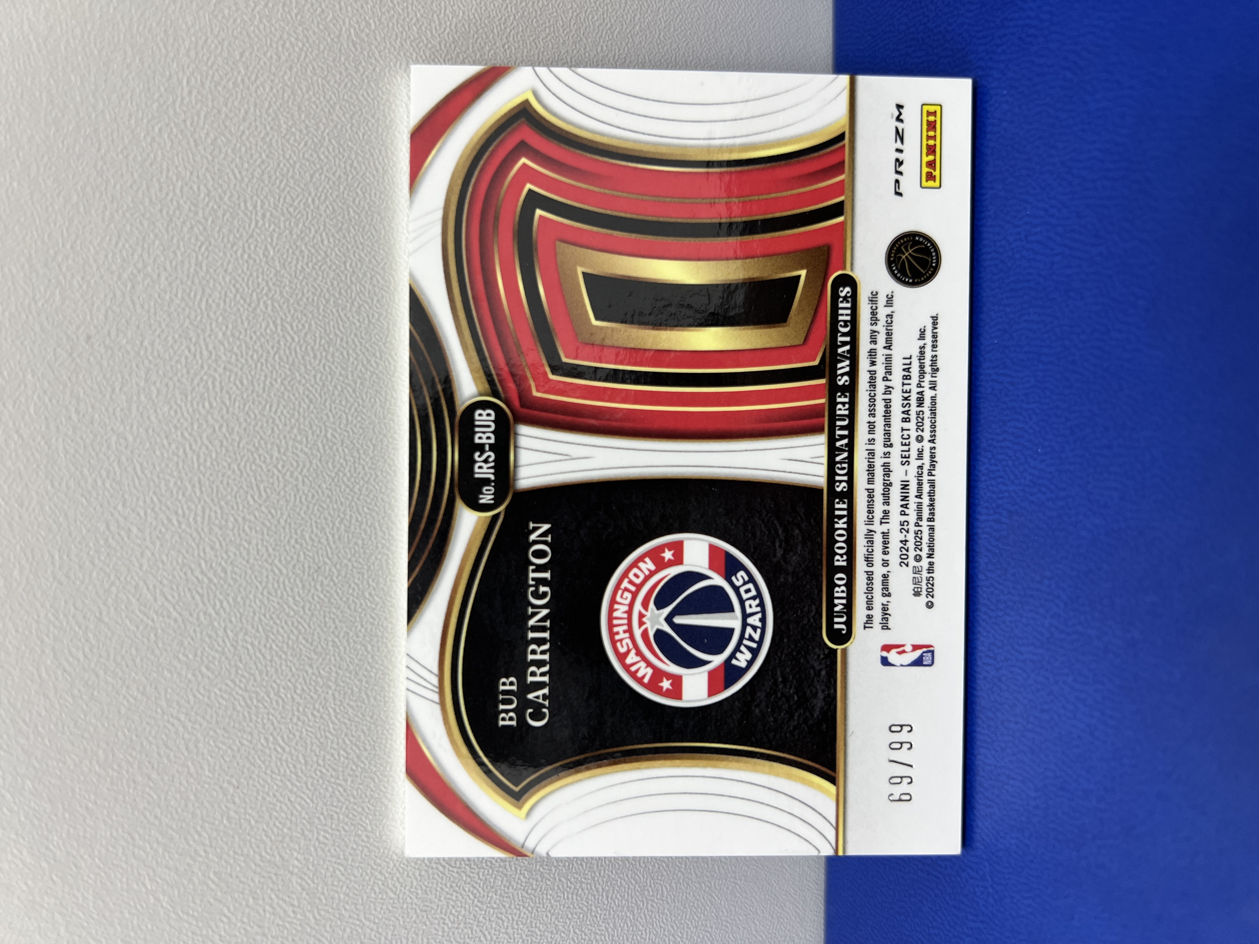 2024-25 Panini Select Bub Carrington RC #JRS-BUB 巴布 卡灵顿 奇才队 签字 新秀 RJA 物料 99编