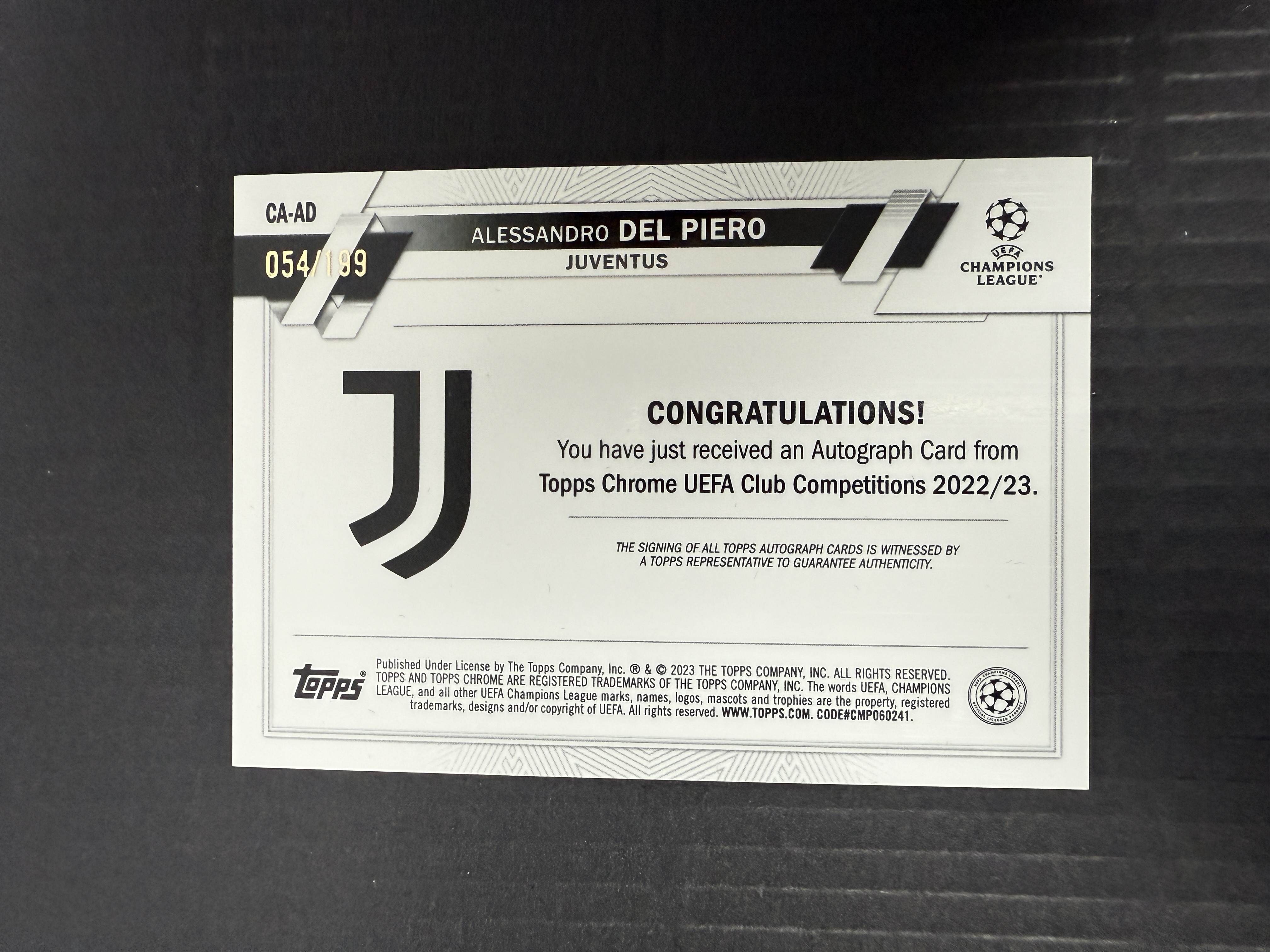 【GOAT山羊拍卖】D哥 2022-23赛季 topps chrome 欧冠系列 皮耶罗 青折签字 /199 少见 尤文图斯名宿 品相如图