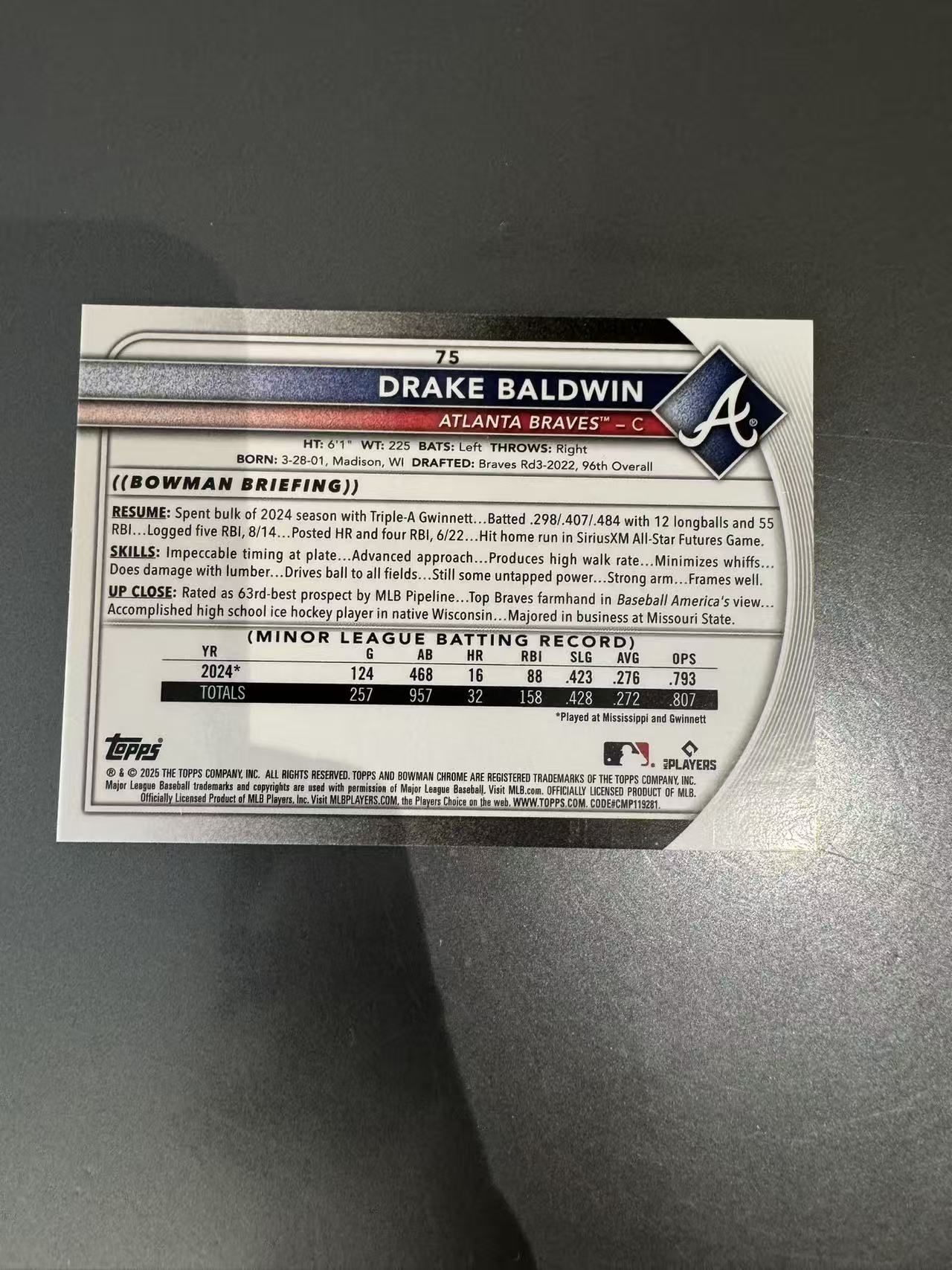 2025 Topps Bowman Chrome Drake Baldwin RC 亚特兰大勇士 新秀 德里克 鲍德温 潜力新秀 红RC 银折 卡品如图 凑套收藏