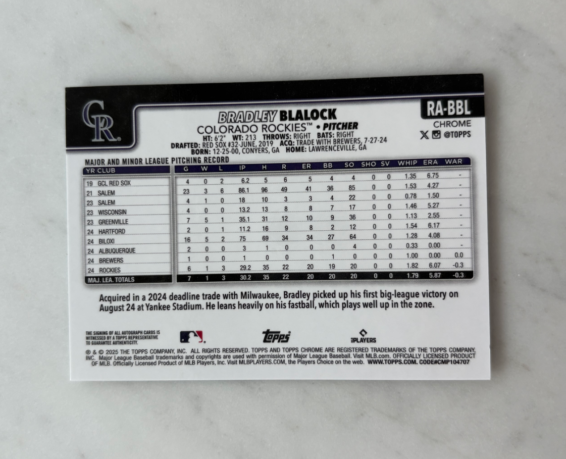 2025 Topps Chrome Bradley Blalock RC 棒球 布拉德利 布莱洛克 科罗拉多落基山 新秀卡签 未来可期 随时爆发