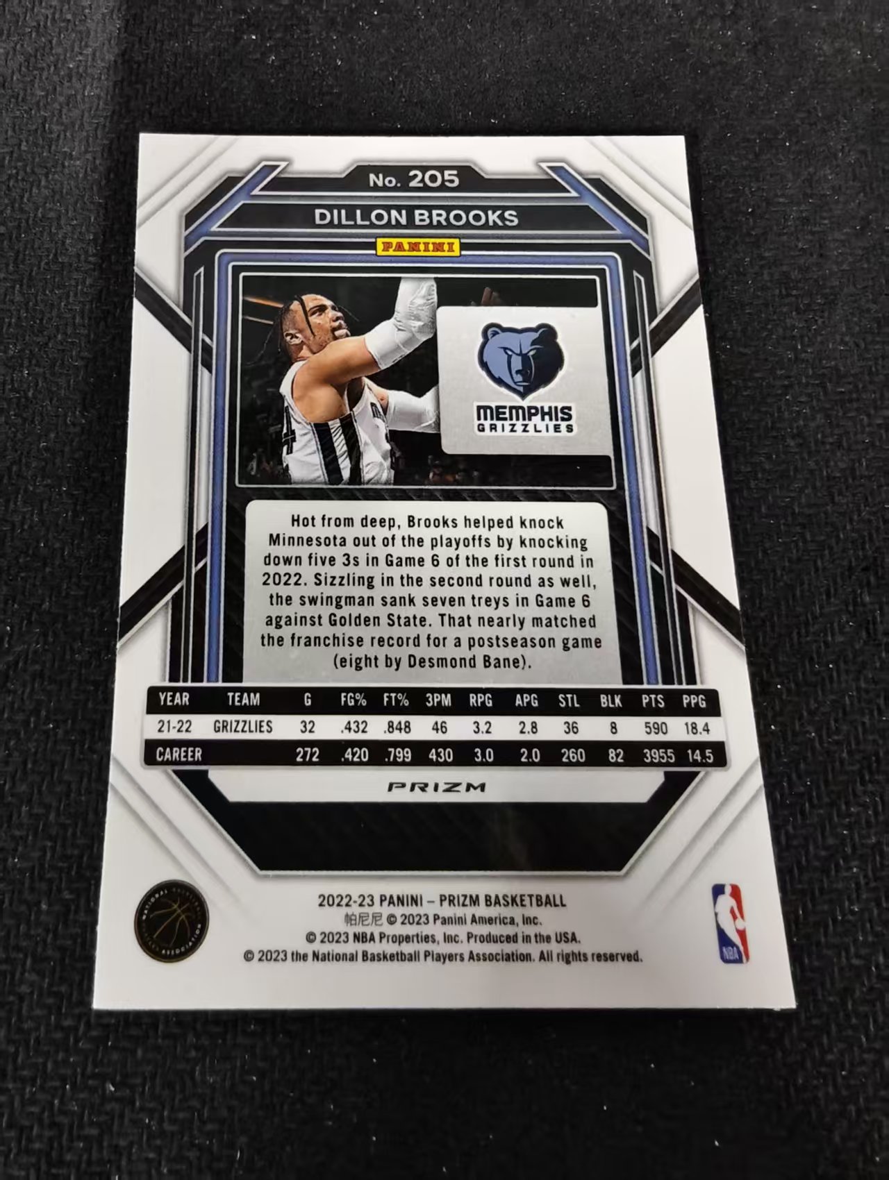 2022-23 Panini Prizm Dillon Brooks 狄龙 布鲁克斯 灰熊 粉碎冰 PZ 划痕 边角瑕疵 #205