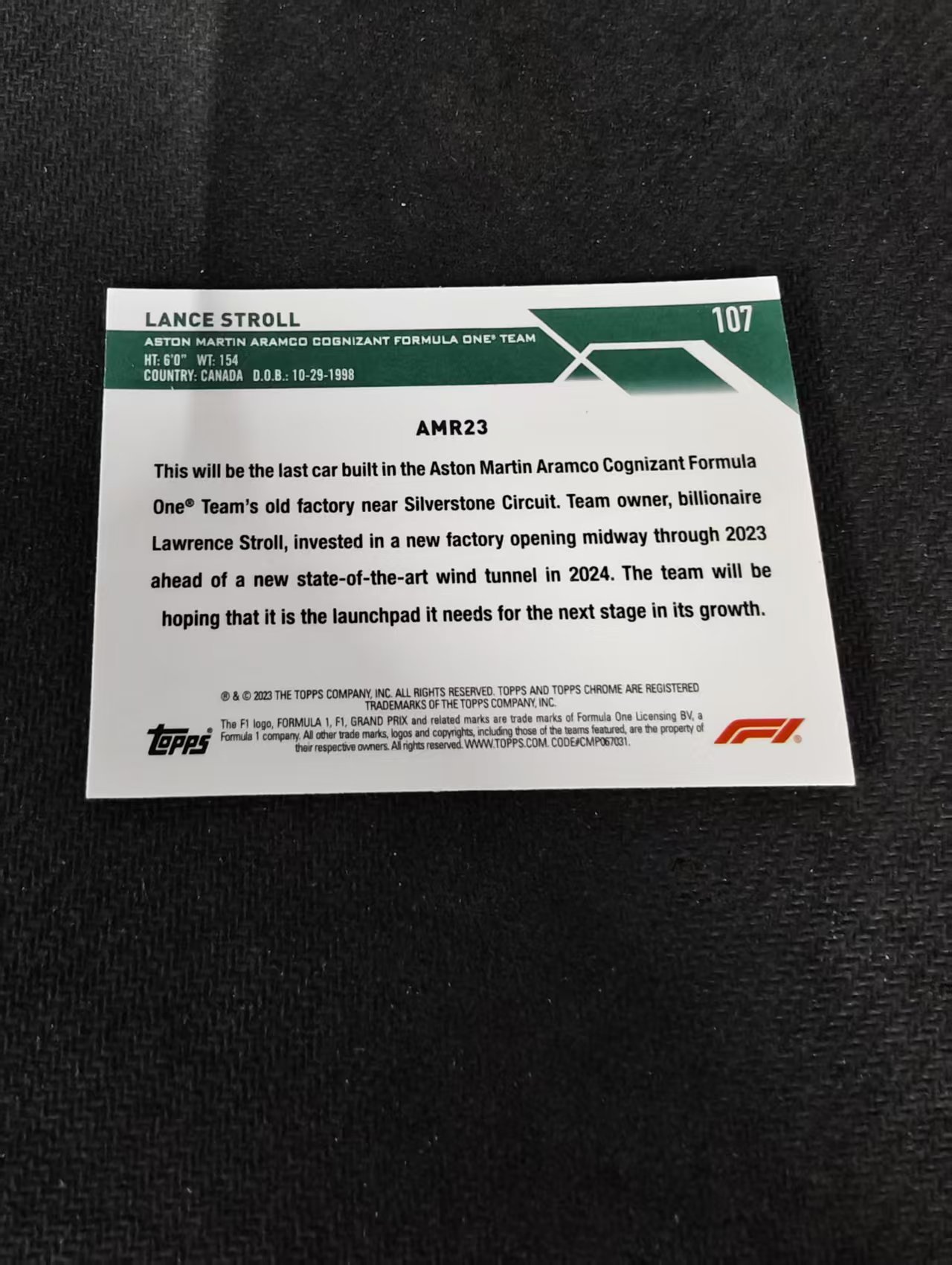2023 Topps Chrome Lance Stroll 兰斯 斯特罗尔 阿斯顿马丁车队 F1 划痕 边角瑕疵 #107