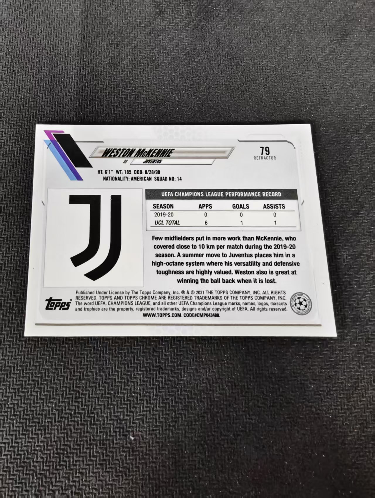 【可合并,不累计】2021 Topps Chrome weston mckennie 欧冠 韦斯顿 麦肯尼 美国 尤文图斯 银折 划痕 边角瑕疵 #79
