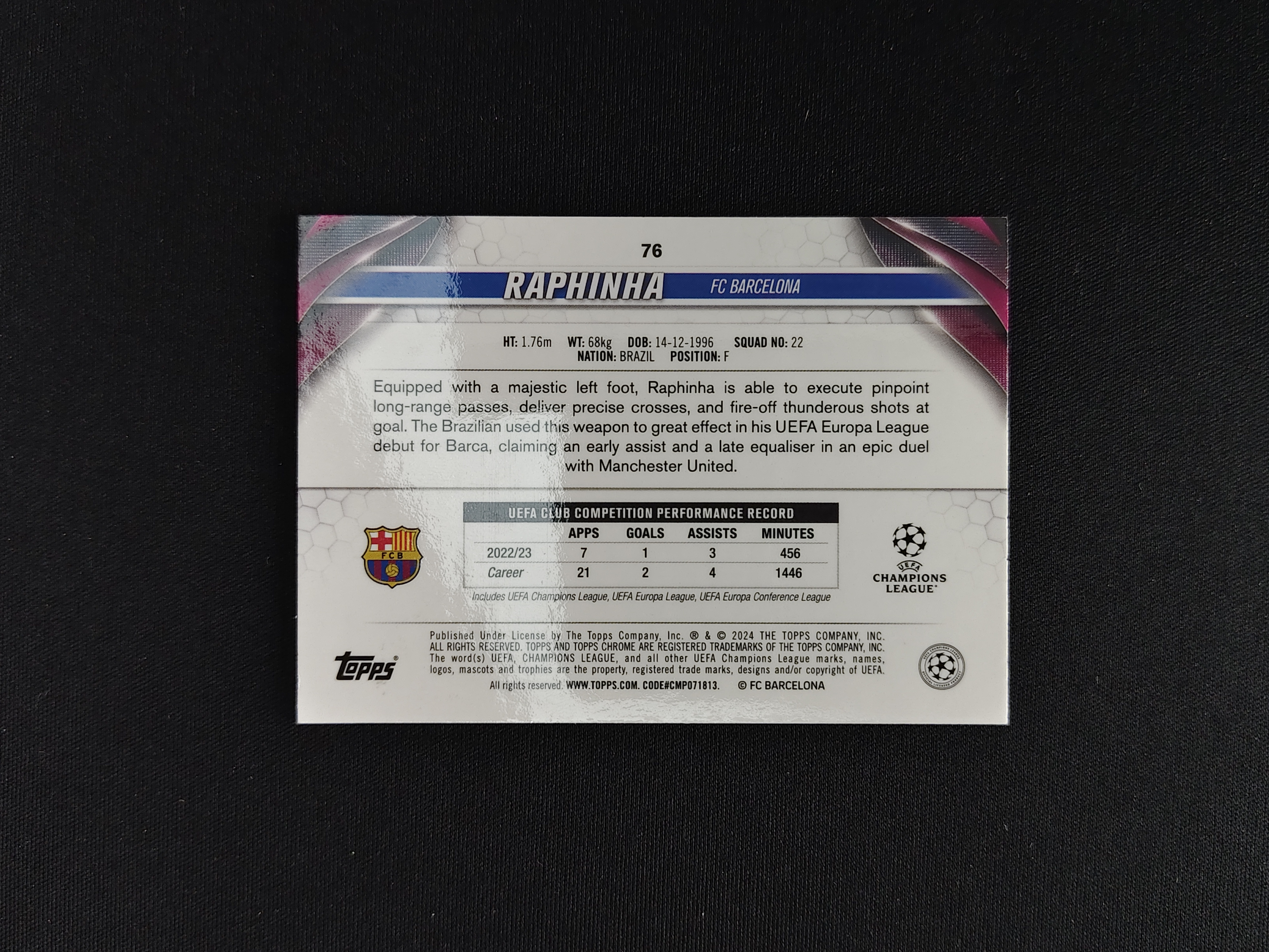 2024 Topps Chrome Raphinha 欧冠【免费接代拍】巴萨 拉菲尼亚 75编 低编 荧光绿折 实卡精美 卡品如图