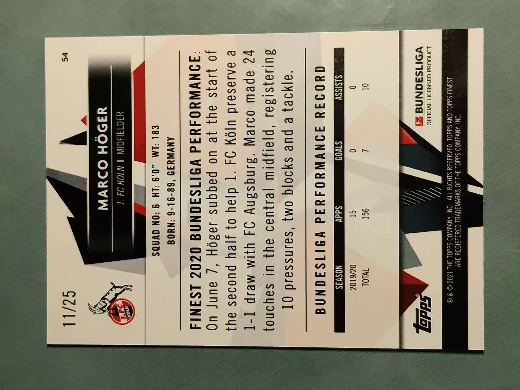 2021 Topps Finest Marco Hoger 【0手续费上拍】 马尔科 赫格尔 霍格 橙折 25编 德甲 科隆 卡品如图(小小)