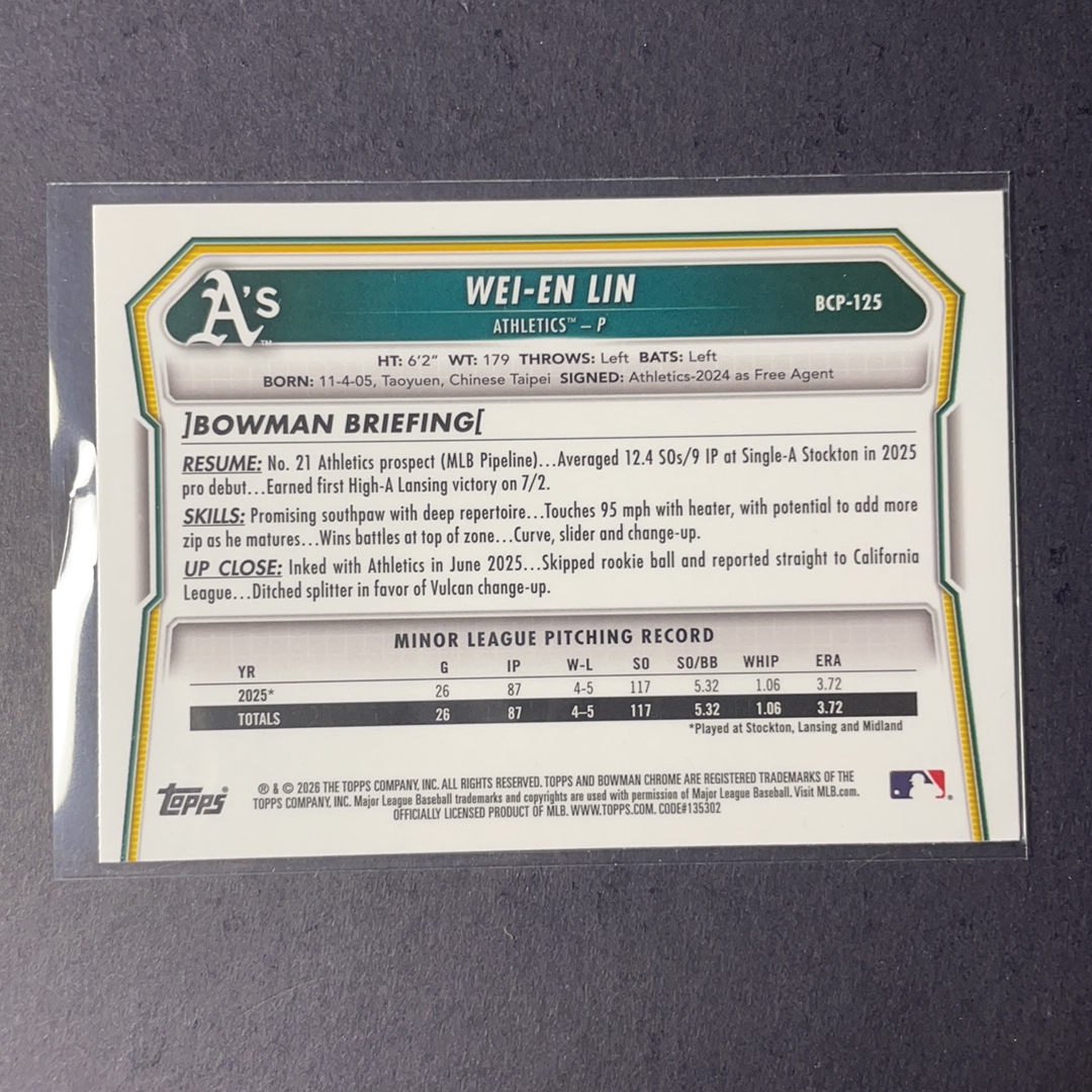 2026 Topps Bowman Wei-en Lin RC Wei-En Lin 林唯恩 运动家1st正紫折射199编 2026 Topps Chrome MLB Bowman棒球系列