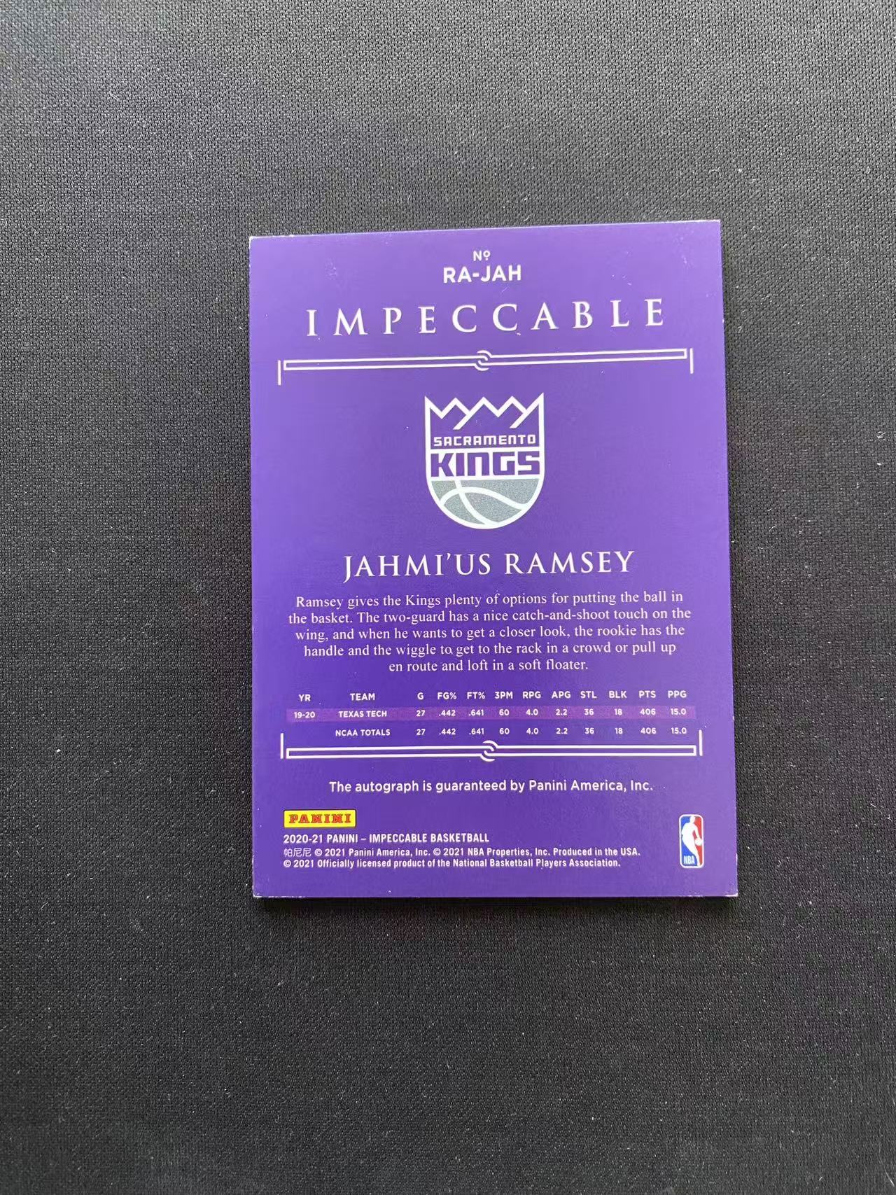 2020-21 Panini Impeccable Jahmius Ramsey 拉姆塞 新秀RC 99编 小真金 卡签 国王 签字【king#36】瑕疵如图