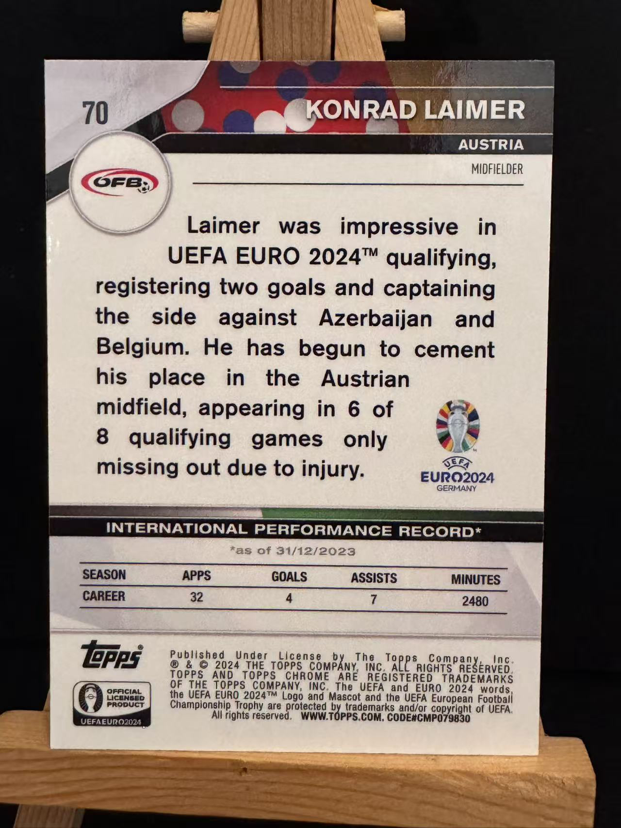 龖2024 Topps Euro Chrome Konrad Laimer 康拉德 莱默尔 莱比锡红牛 拜仁慕尼黑 奥地利 欧洲杯 21/25编 橙折 折射 欧洲杯 卡品如图 MJ002S