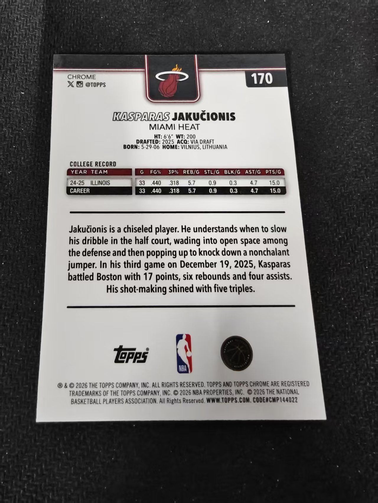 2026 Topps Chrome Update TCU 热火 Kasparas Jakucionis 卡斯帕拉斯 亚库契奥尼斯 新秀RC hyper折 瑕疵如图