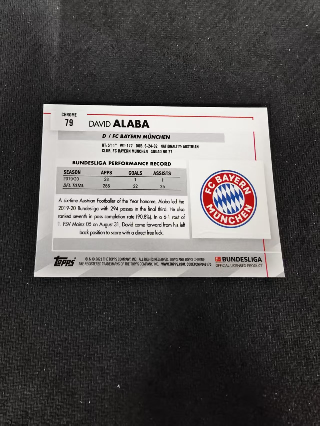 【可合并,不累计】2021 Topps Chrome David Alaba 德甲 拜仁慕尼黑 阿拉巴 蓝宝石 蓝碎冰 #79 不保卡品 介意勿拍