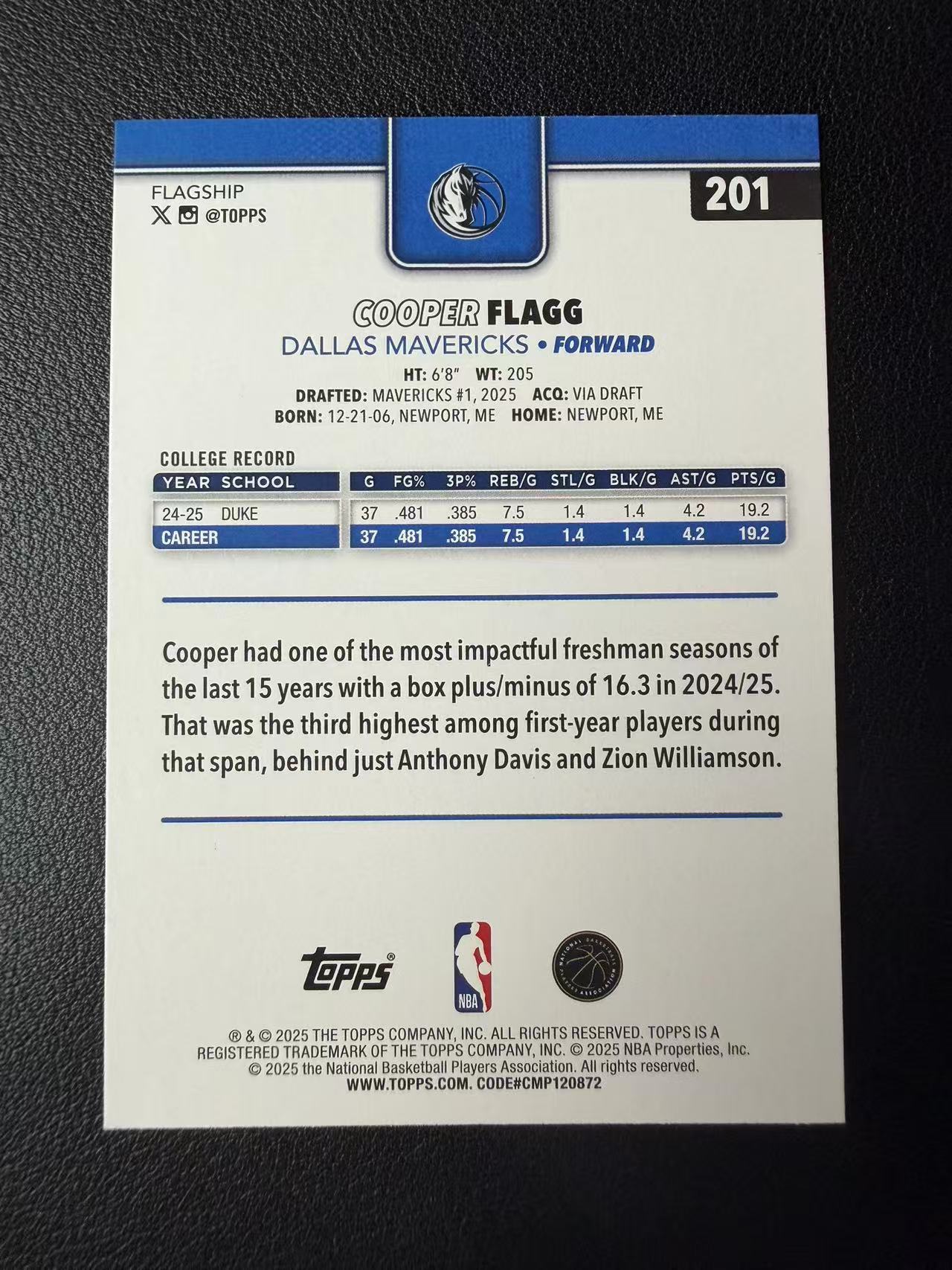 2025-26 Topps Basketball Cooper Flagg RC TC 独行侠 新秀 库珀 弗拉格 正Base 状元 美国之子 卡品如图(持)2