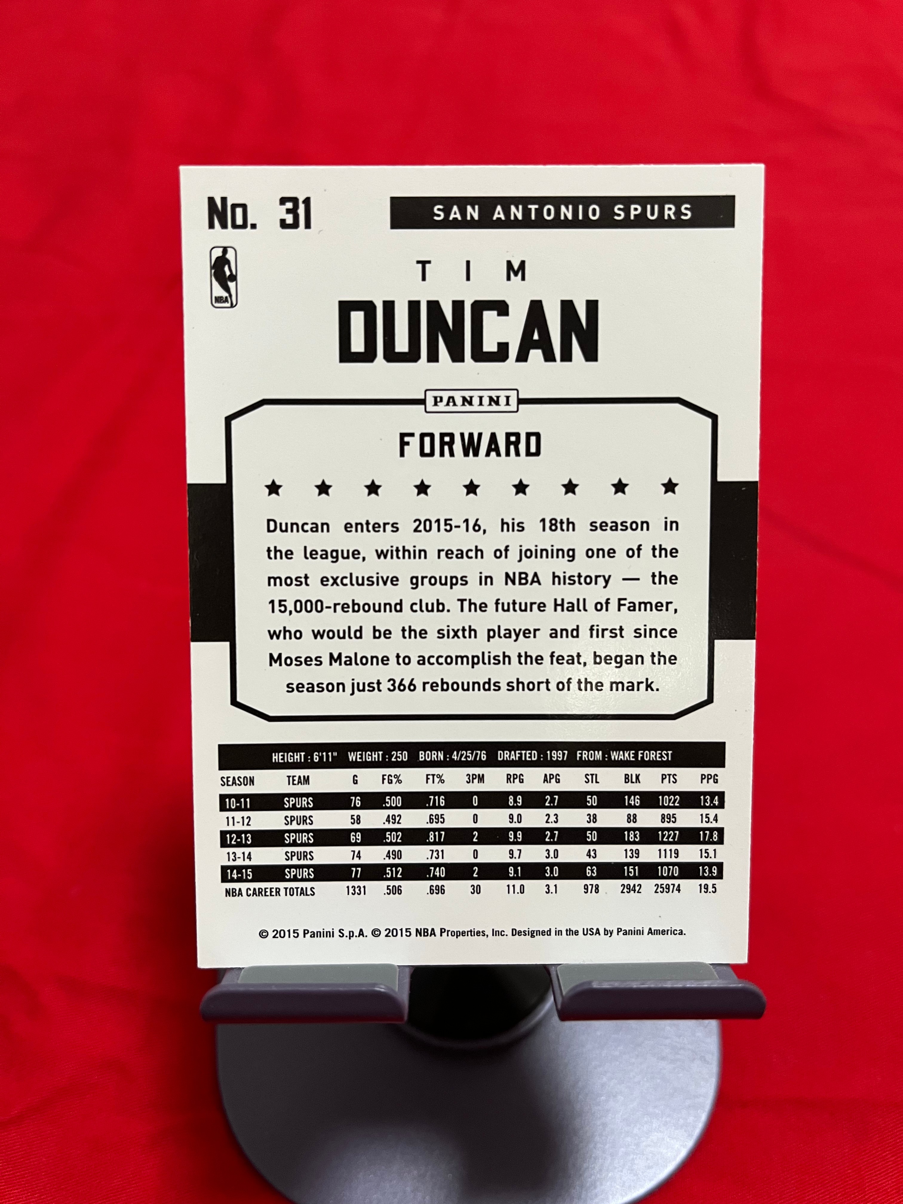2015 Panini 老卡 老特 Tim Duncan 蒂姆 邓肯 石佛 马刺【经典设计 S.P.A.】【边角瑕疵如图 介意勿拍】#1120