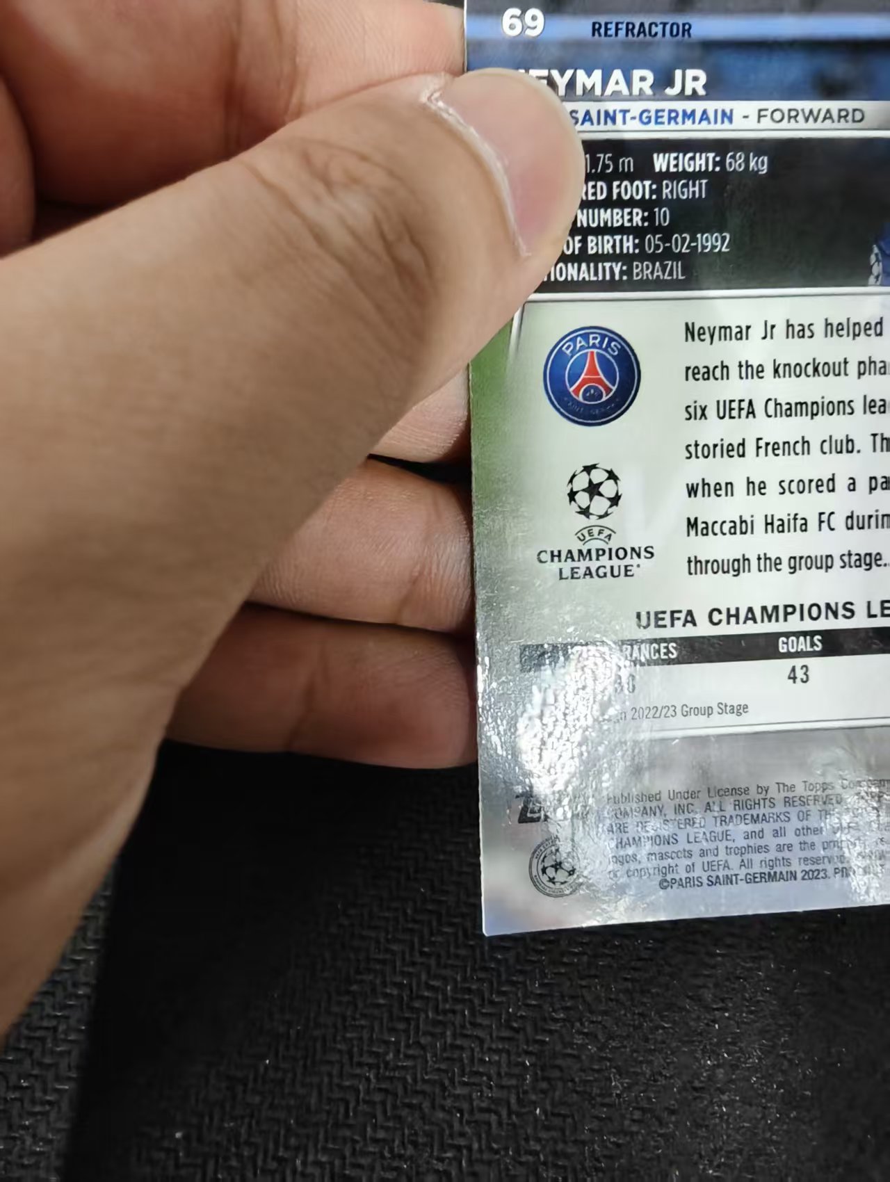 【可合并,不累计】2023 Topps Stadium Club Chrome Neymar jr 大巴黎 内马尔 欧冠 竞技场 银折 划痕 边角瑕疵 @69