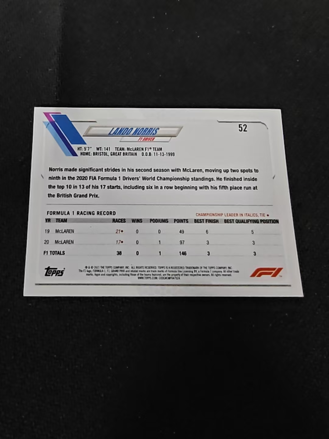 2021 TOPPS CHROME LANDO NORRIS F1 赛车 迈凯伦车队 兰多诺里斯 划痕 边角瑕疵 @52