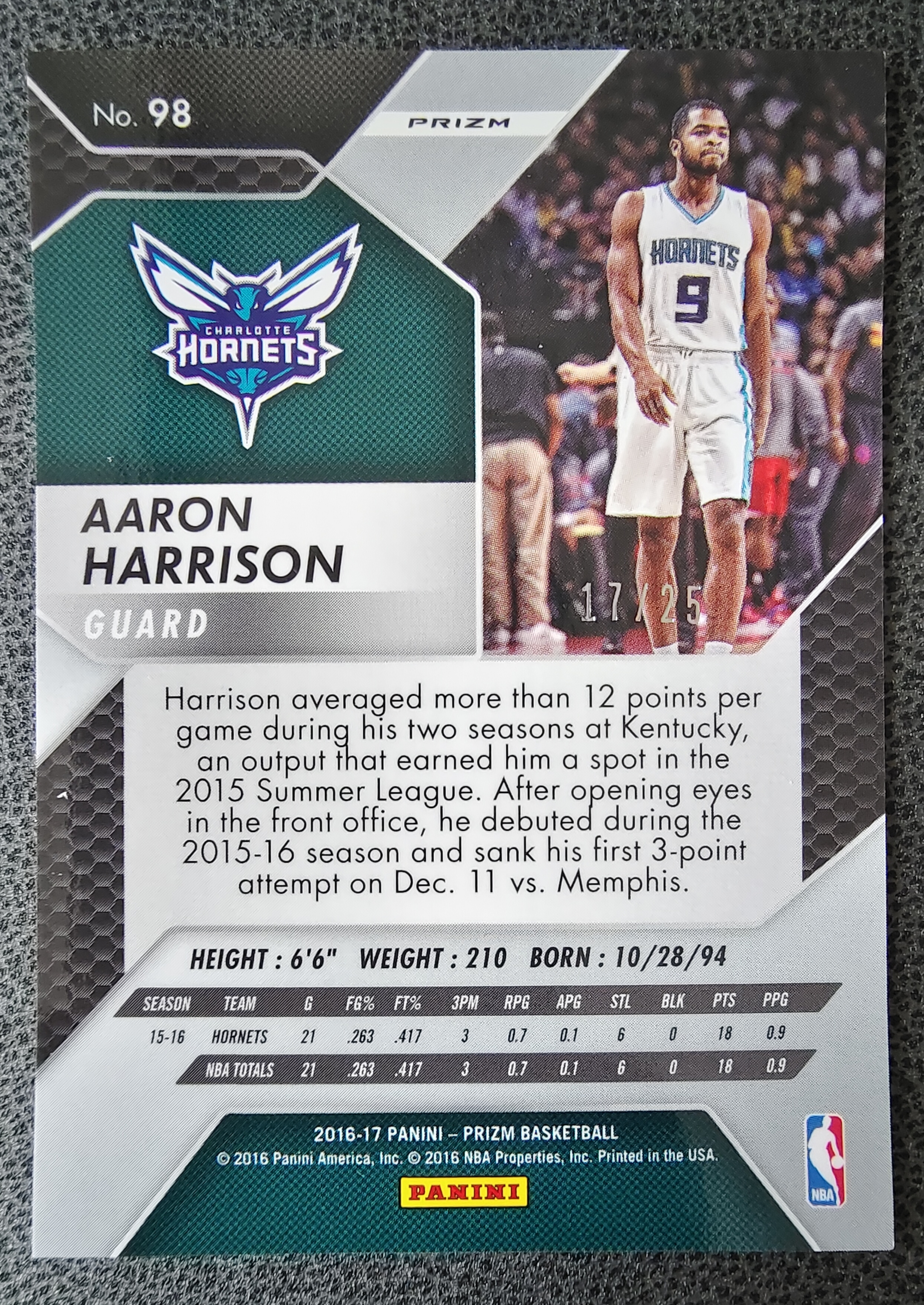 2016-17 Panini Prizm Aaron Harrison 夏洛特 黄蜂队 阿隆 哈里森 湖水蓝折 17/25编