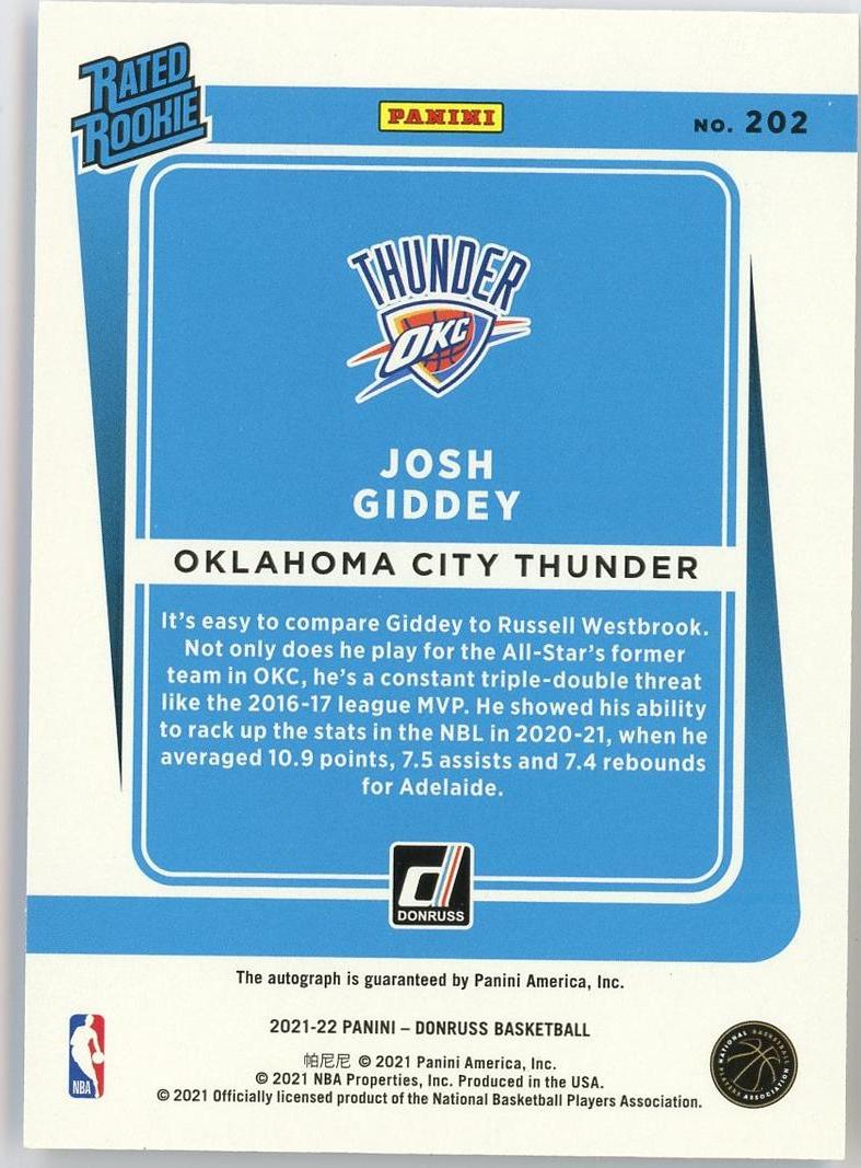 2021-22 Panini Donruss Josh Giddey RC 约什吉迪 新秀 杜蕾斯 99编 签字 银佛光折 折射 雷霆 卡品如图 1BL6/11.12