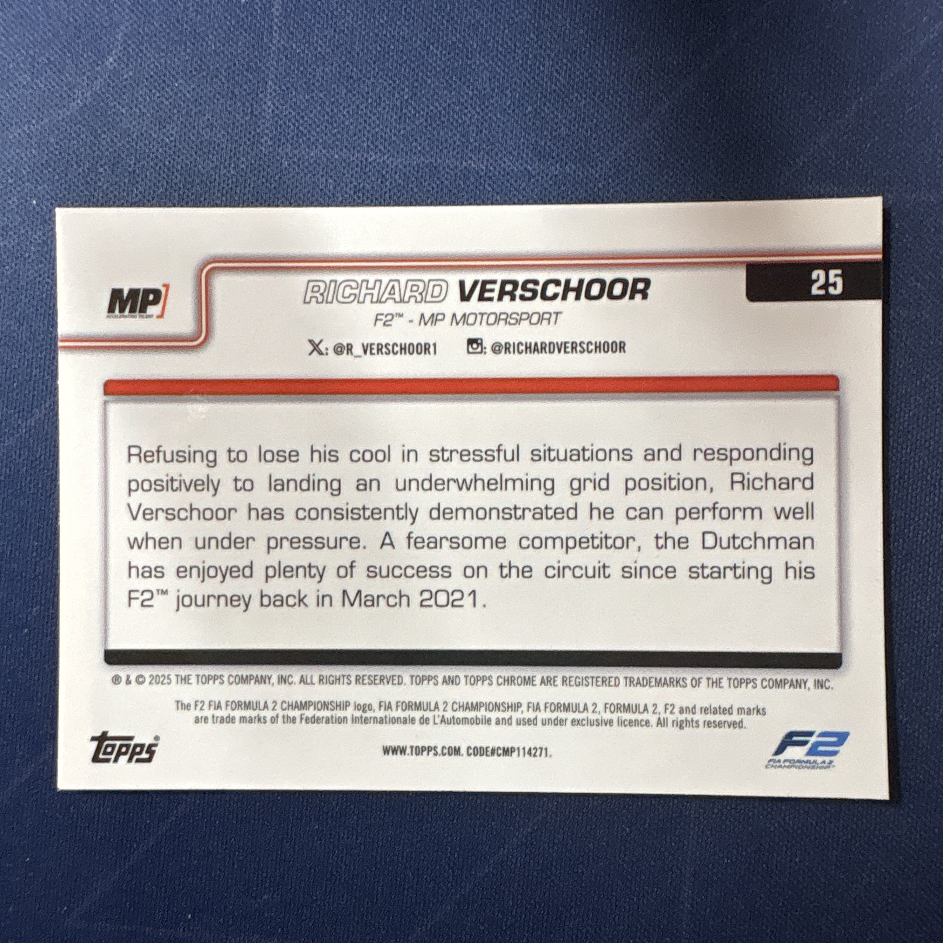 2025 Topps Chrome Richard Verschoor 【爆爆代卖】F1 75周年 里查德 费舍尔 211/250编 粉折 折射 F2 Mp车队 正定妆照 卡品如图 专收必备 #冷哥