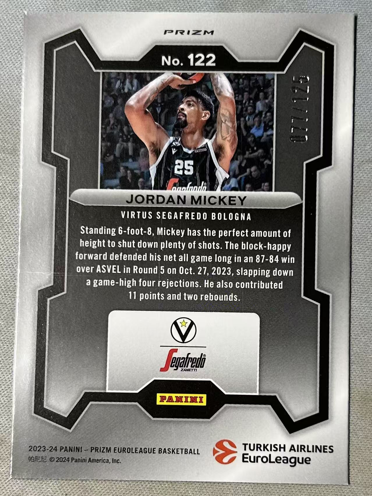 2024-25 Panini Prizm Euroleague Jordan Mickey pz 欧洲联赛 凯尔特人 乔丹 米基 125编 蓝碎冰折 碎冰 卡品如图