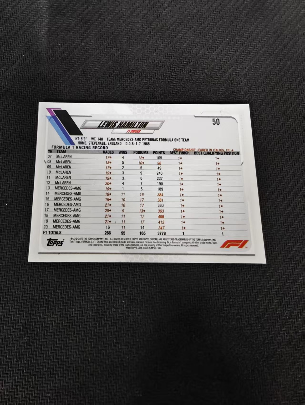 【可合并,不累计】2021 Topps Chrome Lewis Hamilton F1 梅赛德斯奔驰车队 刘易斯 汉密尔顿 划痕 边角瑕疵 #50
