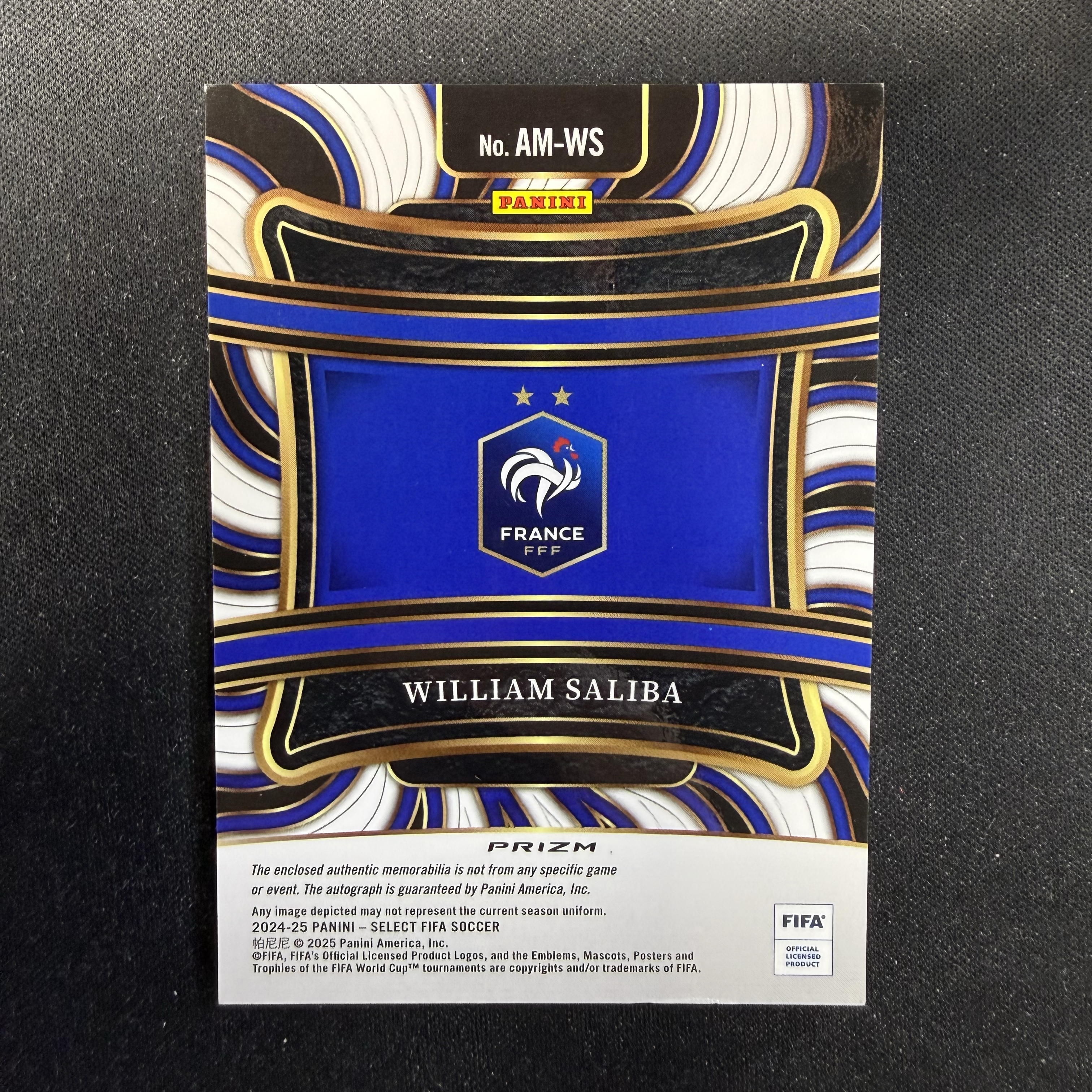 2024-25 Panini Select William Saliba 【SC拍卖】FIFA 萨利巴 法国 阿森纳 银折 物料签 签字 收藏必备(david徐)