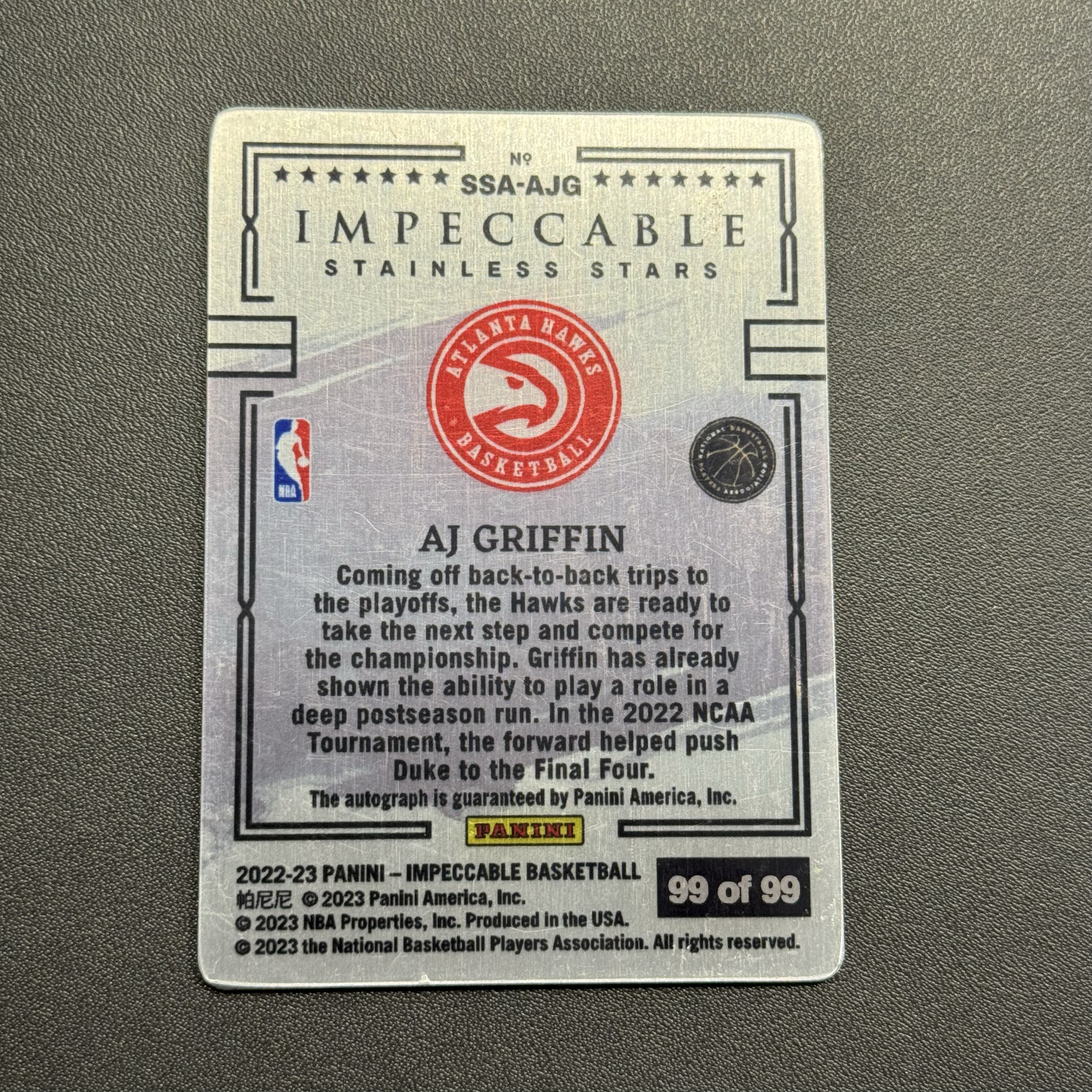 2022-23 Panini Impeccable AJ Griffin RC 【猴猴旺卡】老鹰 AJ 格里芬 新秀 卡签 铁板 99/99 卡品如图 接代拍 【于哥】
