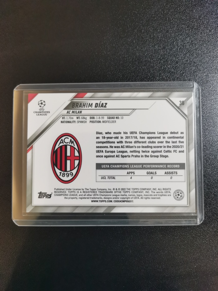 2022 Topps Chrome Brahim Diaz 卜拉欣・迪亚斯 AC米兰中场核心 欧冠蓝宝石 收藏凑套 卡品如图 免费代拍NAXX