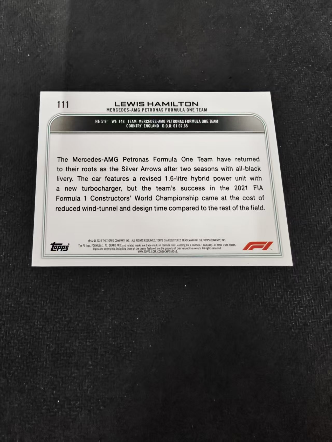 2022 Topps Chrome F1 Lewis Hamilton 刘易斯 汉密尔顿 AMG梅赛德斯奔驰 划痕 边角瑕疵 @111