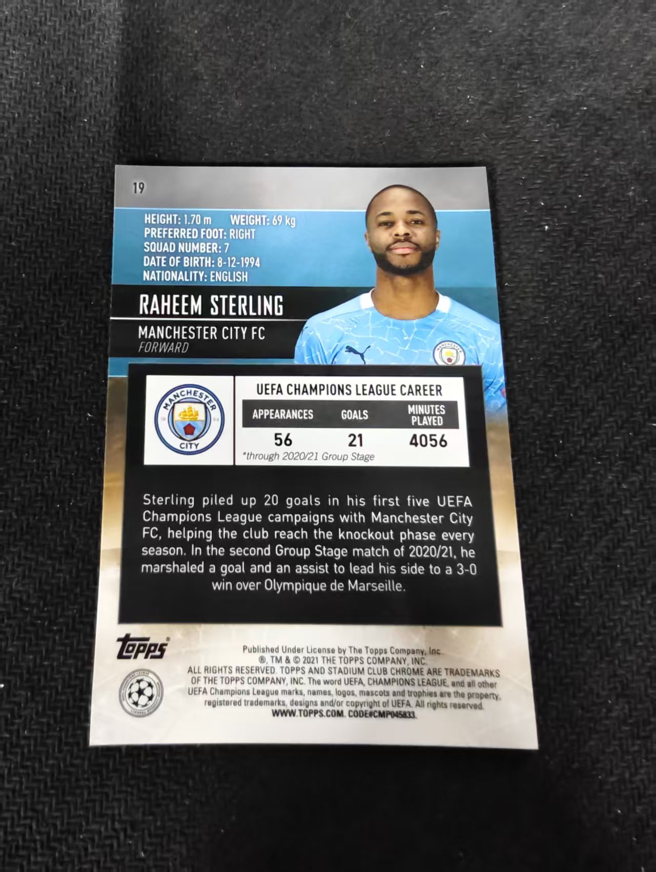 【可合并,不累计】2021 Topps Stadium Club Chrome Raheem Sterling 斯特林 曼城 欧冠 竞技场 不保卡品 介意勿拍 #19