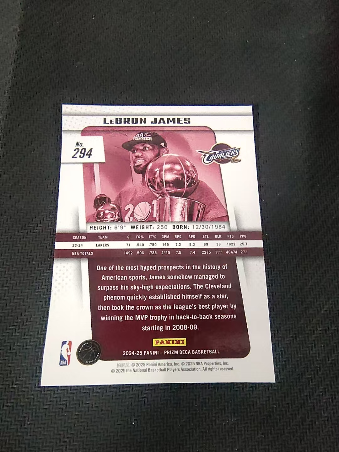 【可合并,不累计】2024-25 Panini Prizm LeBron James DECA PZ 热火 勒布朗 詹姆斯 老詹 复刻 MVP 捧杯 划痕 边角瑕疵 #294
