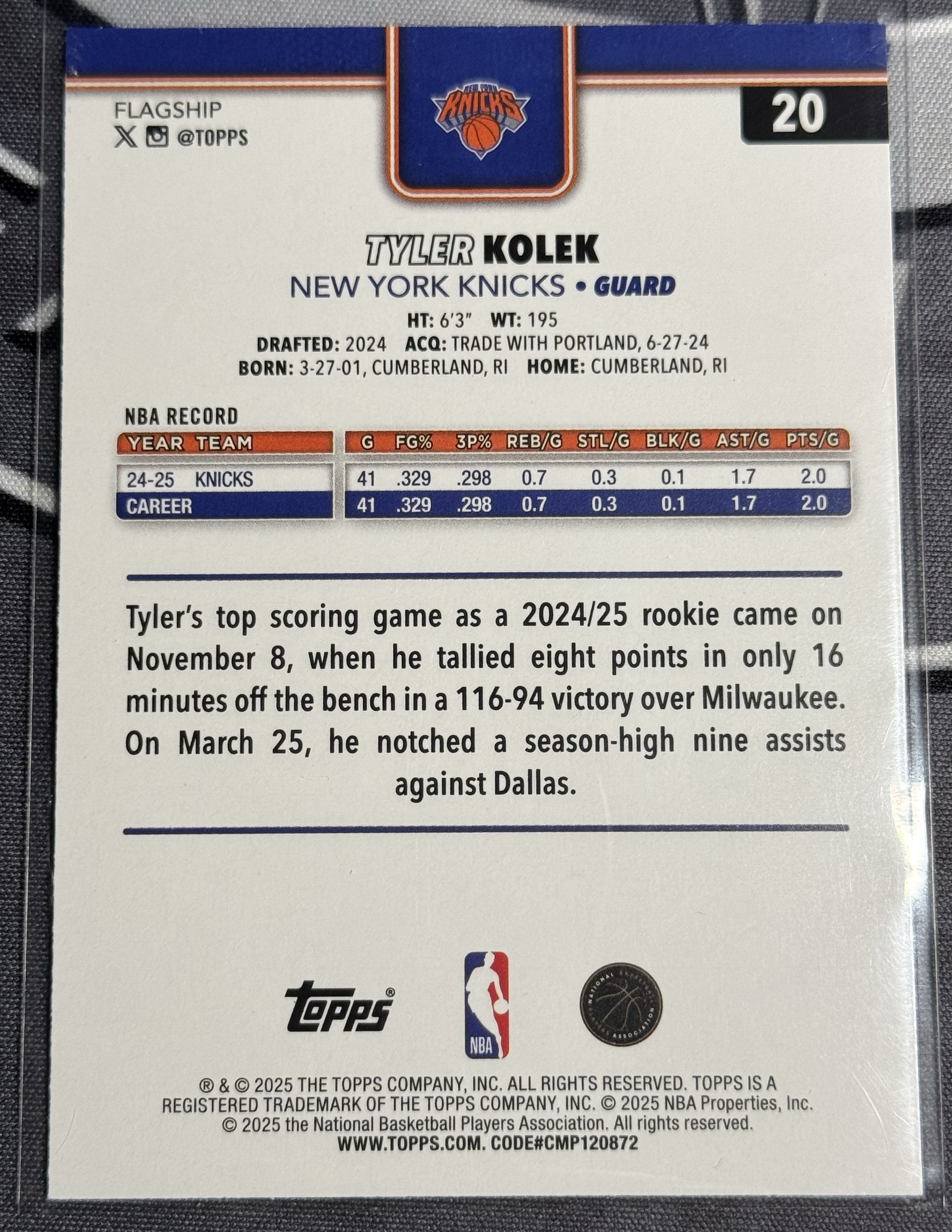 2025 Topps Flagship Tyler Kolek 纽约 尼克斯 泰勒 科勒克 科莱克 142/150编 蓝折 折射 卡品不保 瑕疵如图 XW