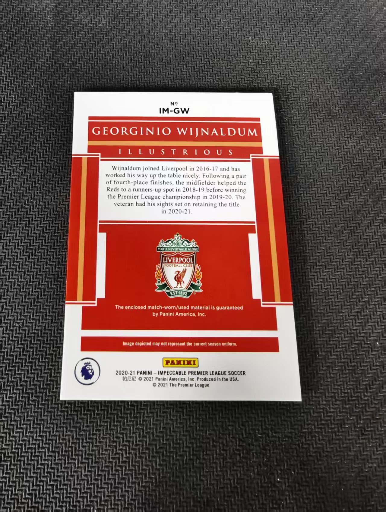 【可合并,不累计】2020-21 Panini Impeccable Georginio Wijnaldum 小真金 利物浦 维纳尔杜姆 49编 球衣物料 边角微瑕