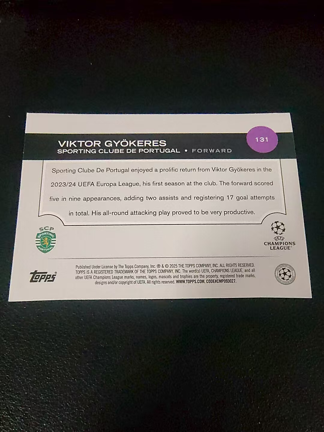 【可合并,不累计】2025 Topps Chrome VIKTOR GYOKERES 葡萄牙体育 阿森纳 哲凯赖什 欧冠 划痕 边角瑕疵 #131