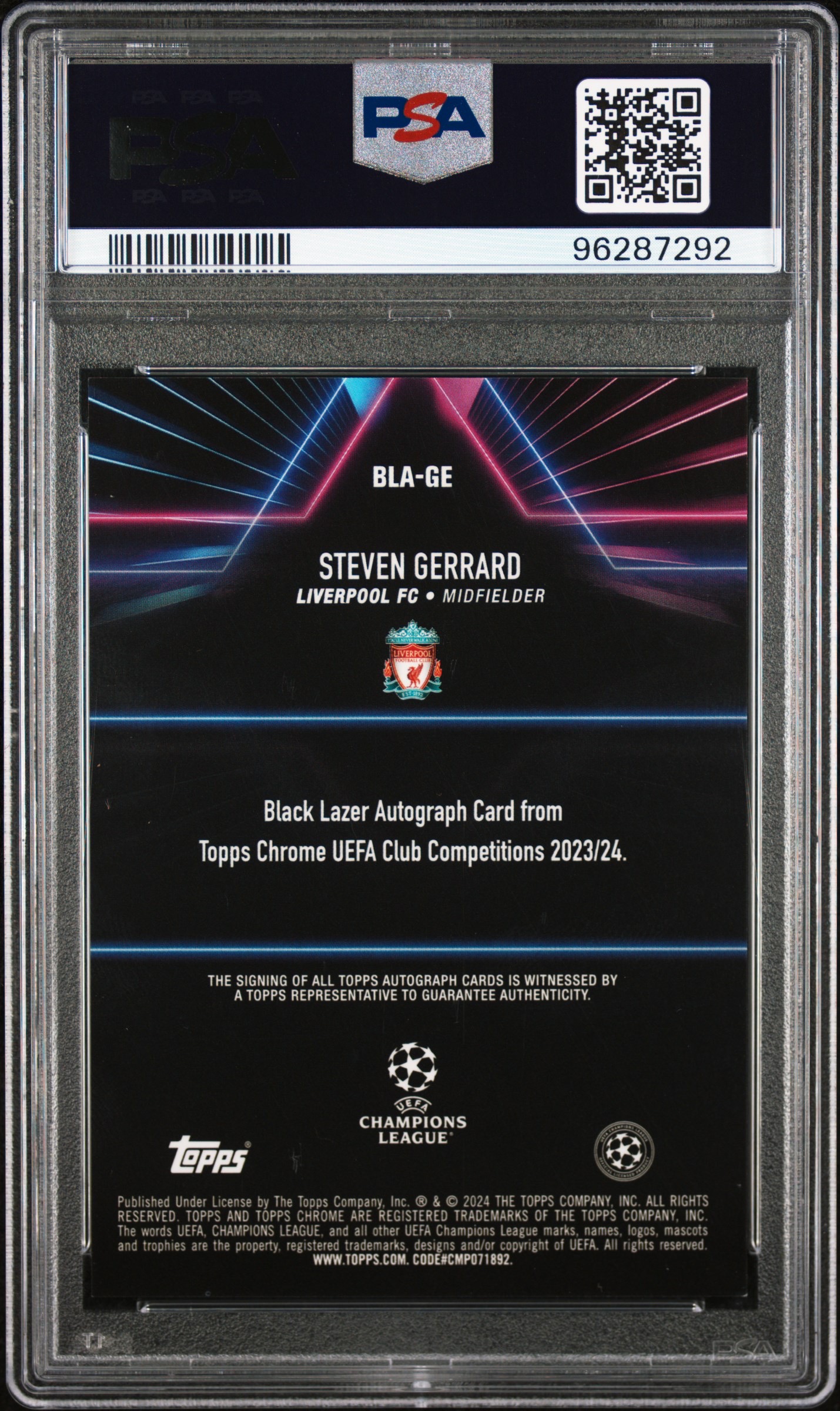 2023-24 Topps Chrome Steven Gerrard 史蒂夫 杰拉德 利物浦 竞技场 签字 黑镭射签 PSA签字10分 实卡好看