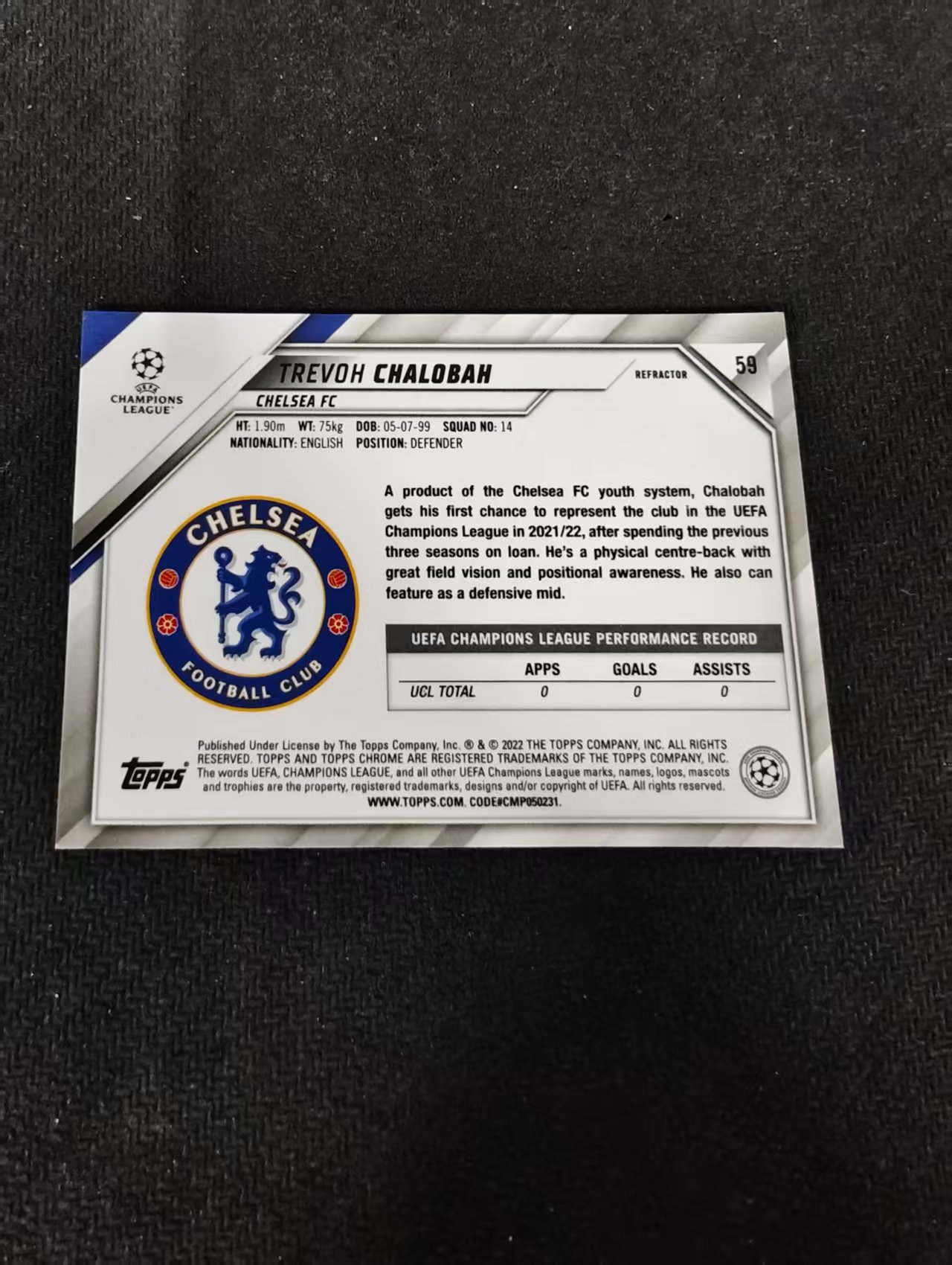 【可合并,不累计】2022 Topps Chrome Trevoh Chalobah 欧冠 tc 切尔西 查洛巴 新秀 rc 银折 划痕 边角瑕疵 #59